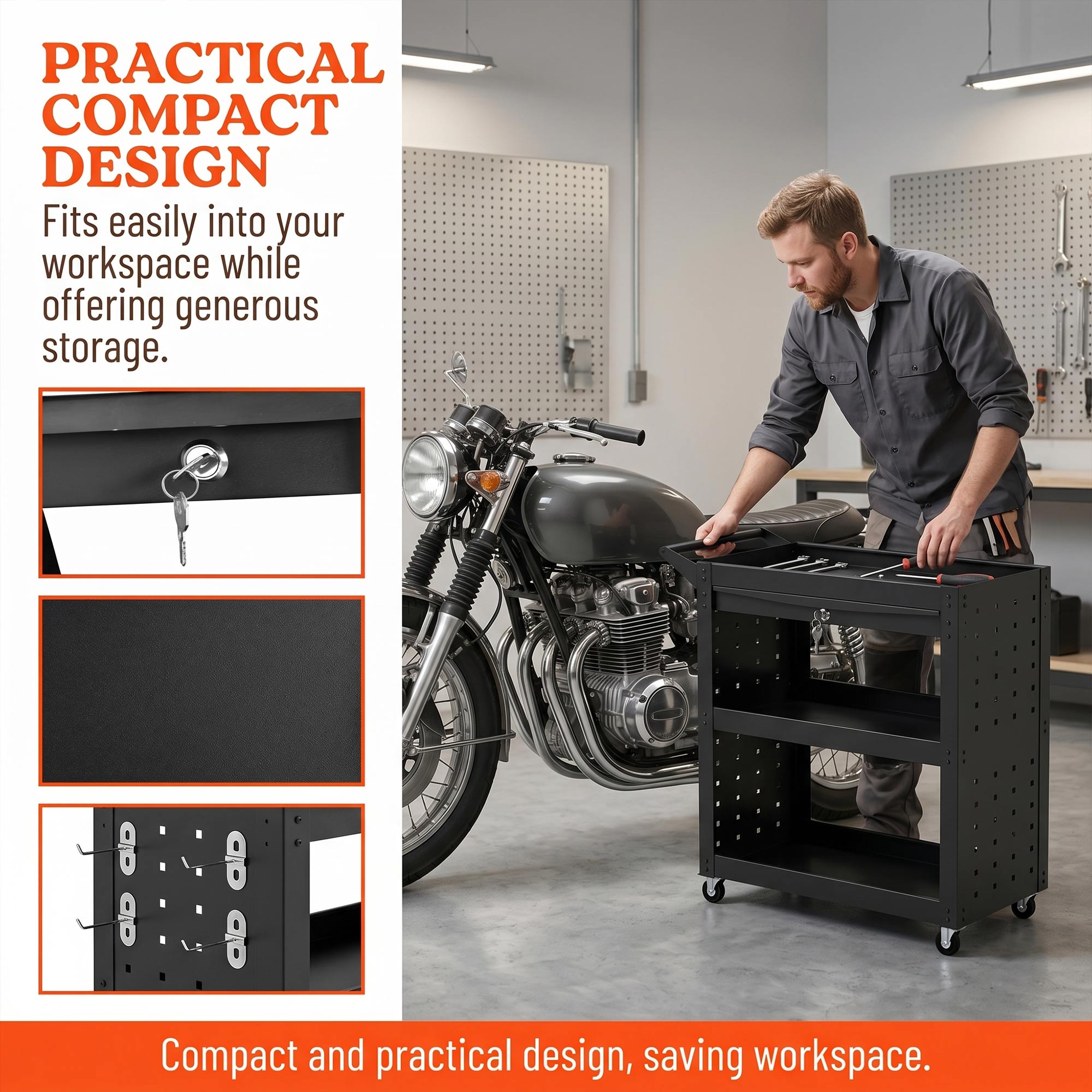 Tool Cart with Lockable Wheels, Rolling Workshop Cart with 3-Tier Trays, Drawer, Pegboards, Black