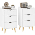 Set of 2 Bedside Tables, Modern Nightstand Side End Table with 3 Storage Drawers and Solid Pine Wood Legs for Bedroom Living Room Entryway, White