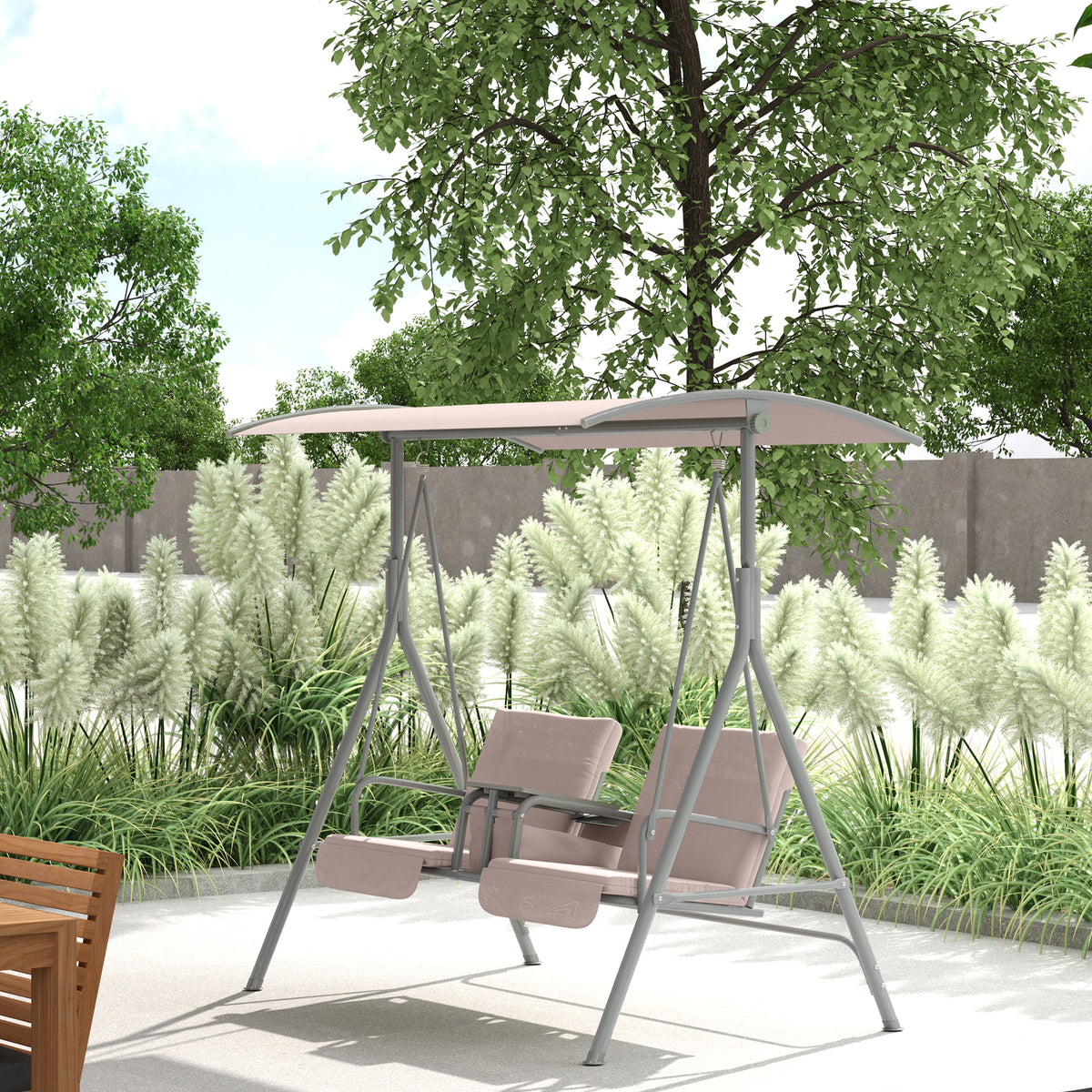 2 Seater Garden Swing Chair with Tilting Canopy and Storage Bag - Beige