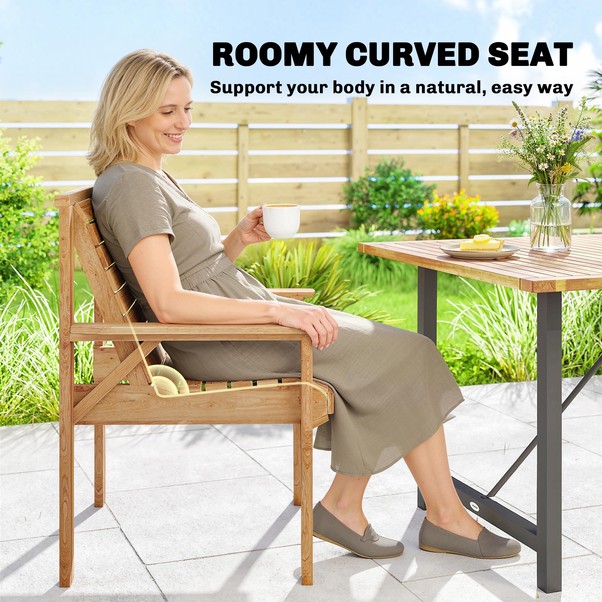 Wooden Garden Dining Chair, Outdoor Chair Garden Armchair with Curved Seat and Wide Armrests, Natural Wood Finish