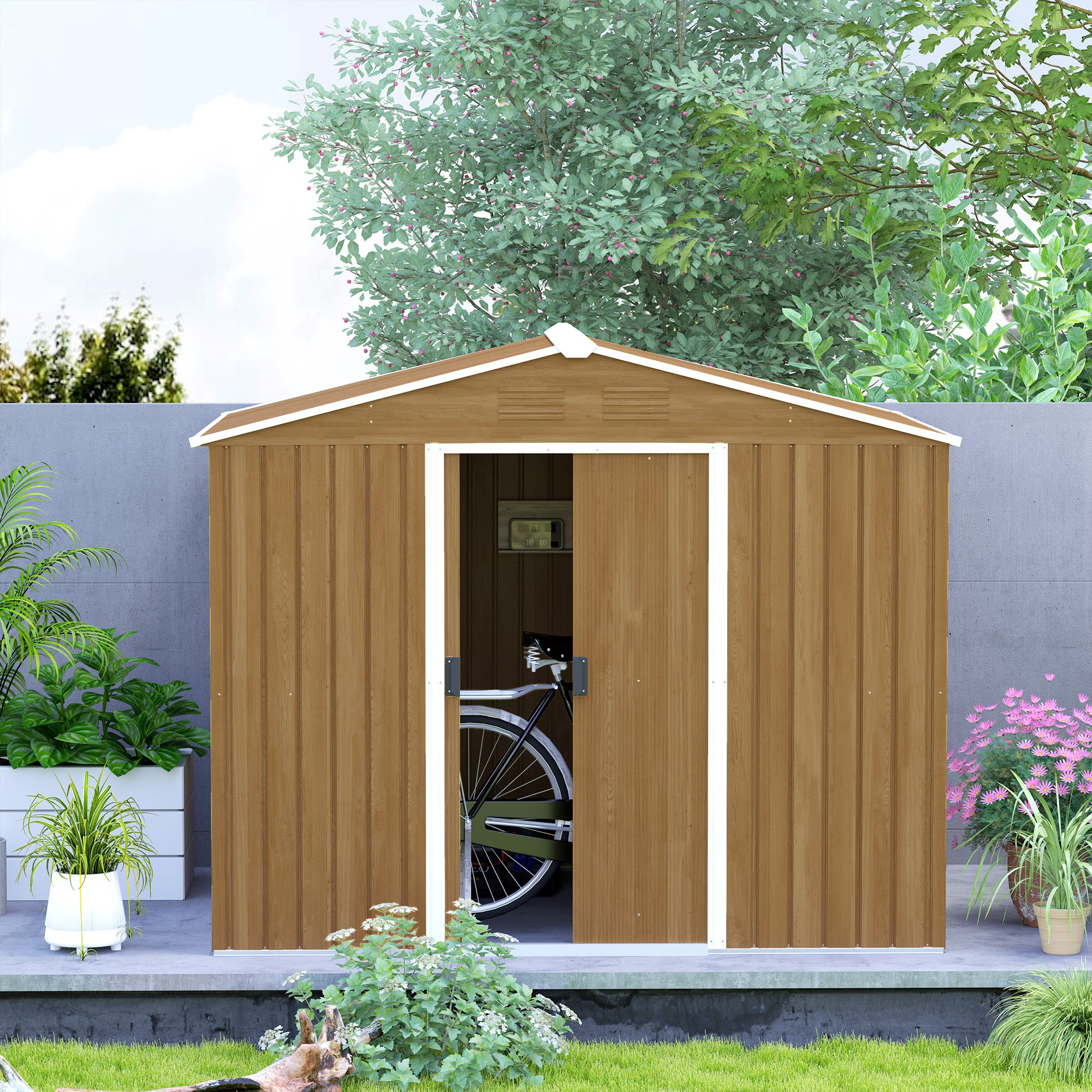 8x6ft Galvanised Steel Tool Shed with Double Door - Brown