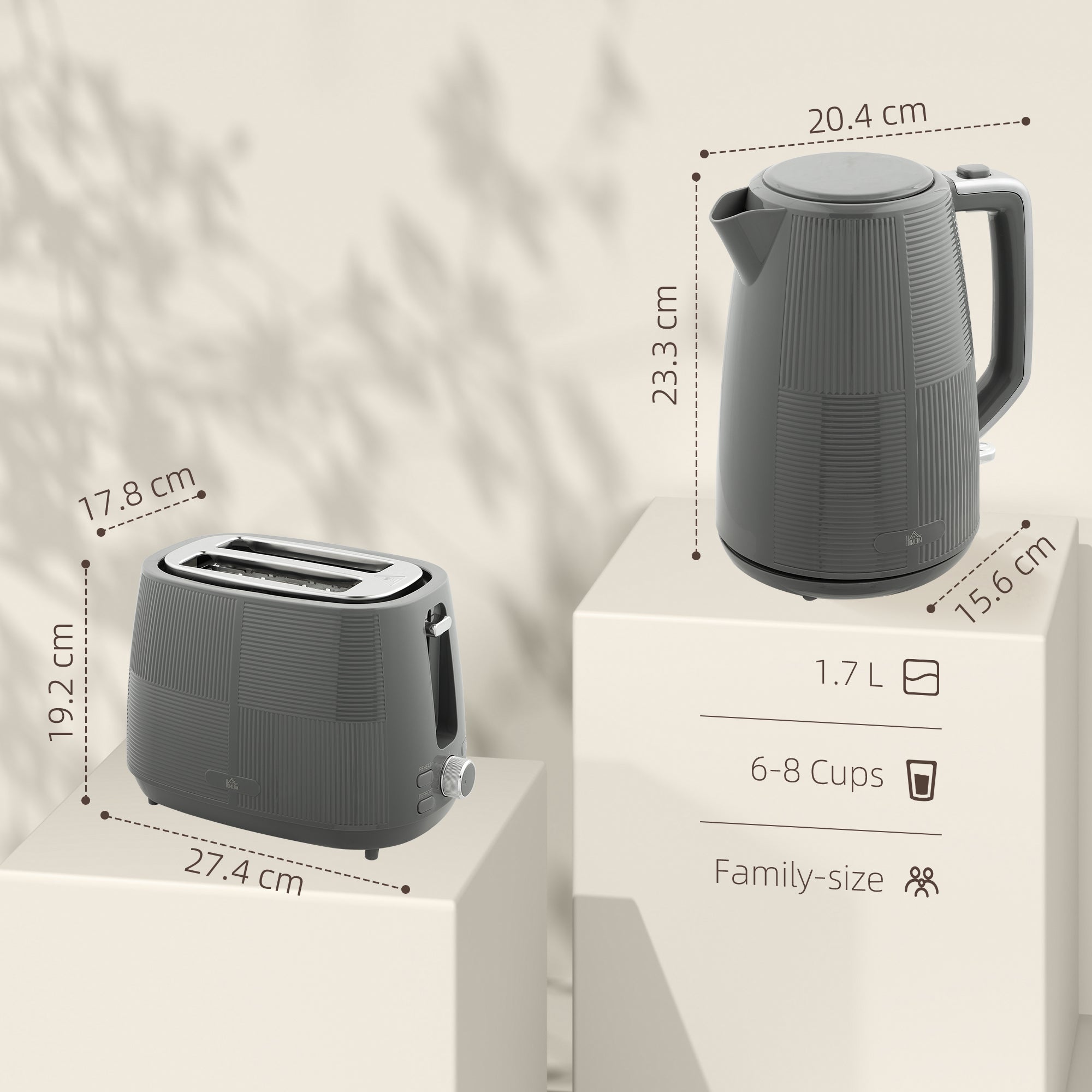 1.7L 3000W Kettle and 2-Slice Toaster Set with 7 Browning Levels, Defrost & Reheat - Grey