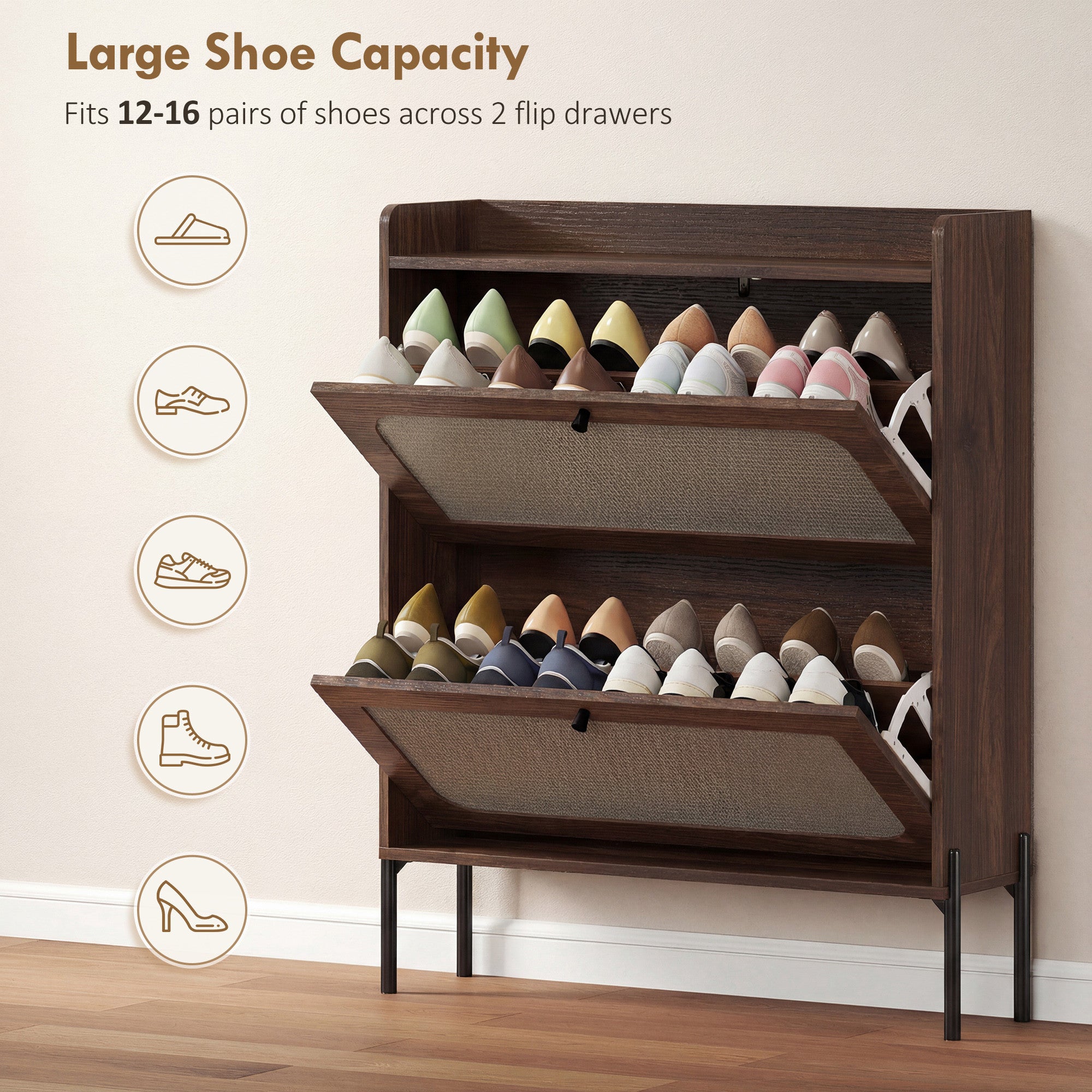 Shoe Cabinet with 2 Flip Drawers, Boho Narrow Shoe Storage Cabinet, Dark Brown