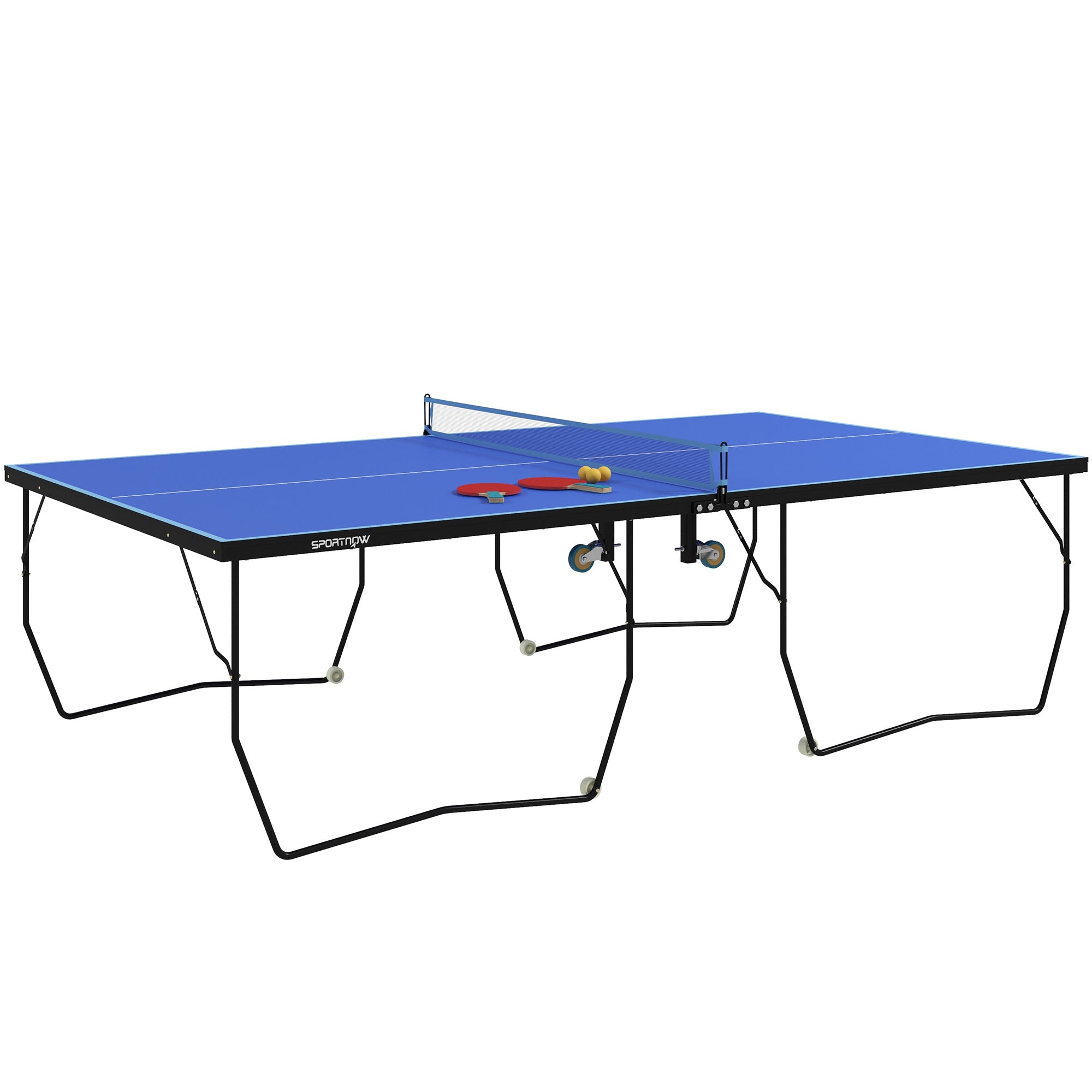 9FT Folding Table Tennis Table, with 8 Wheels, for Indoor Use - Blue