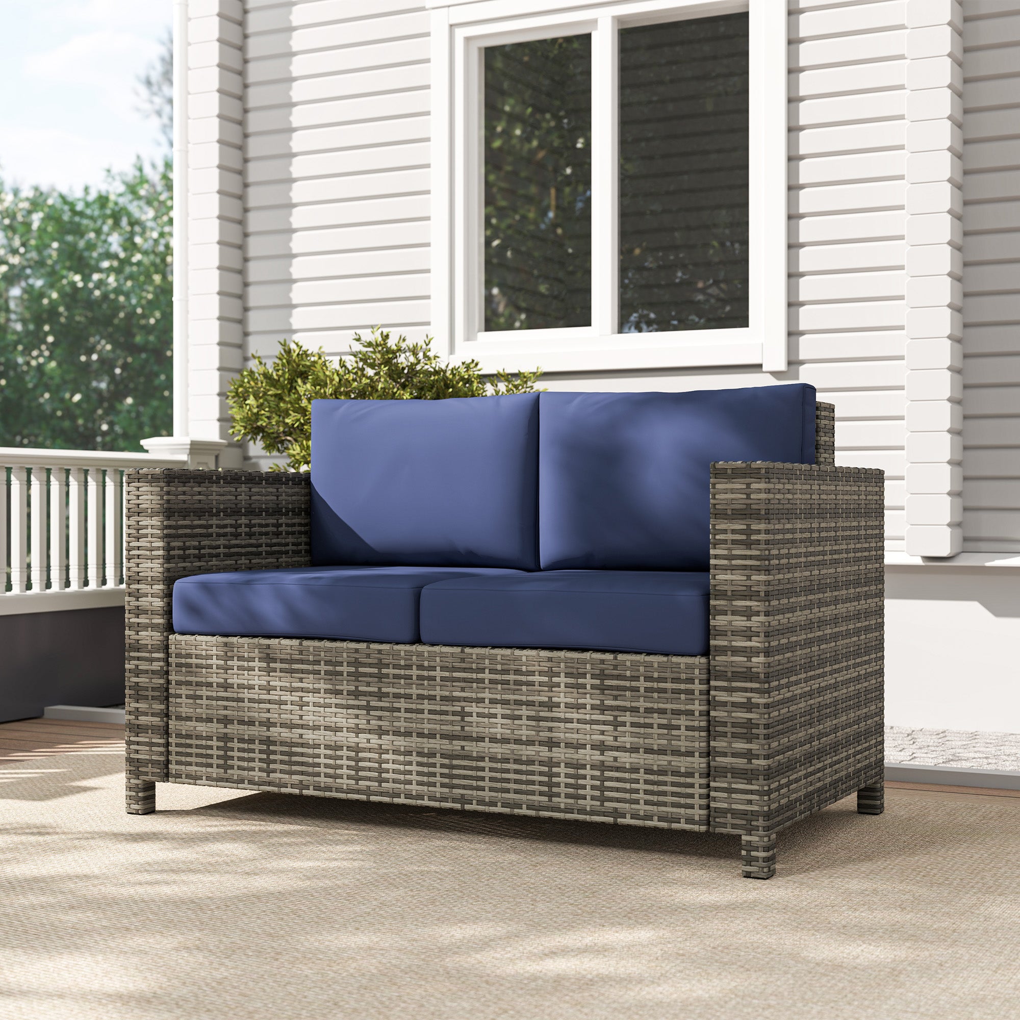 2 Seater Rattan Garden Sofa with Padded Cushions and Armrests Navy Blue