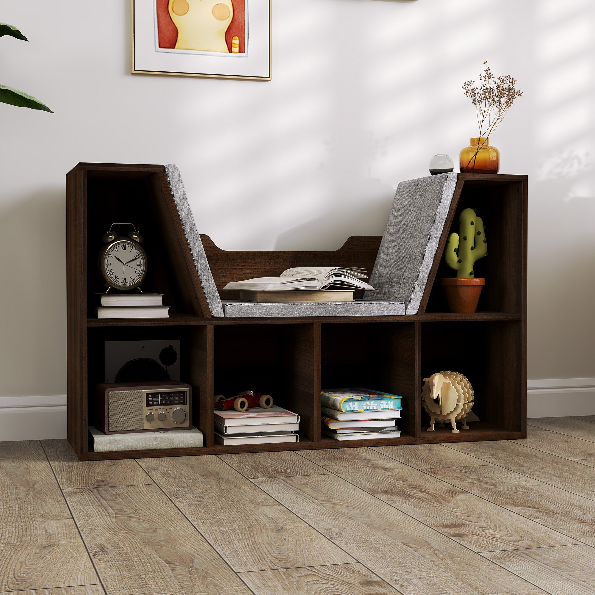 Bookcase Storage Shelf with Cushioned Reading Seat and Cube Organizer - Chestnut
