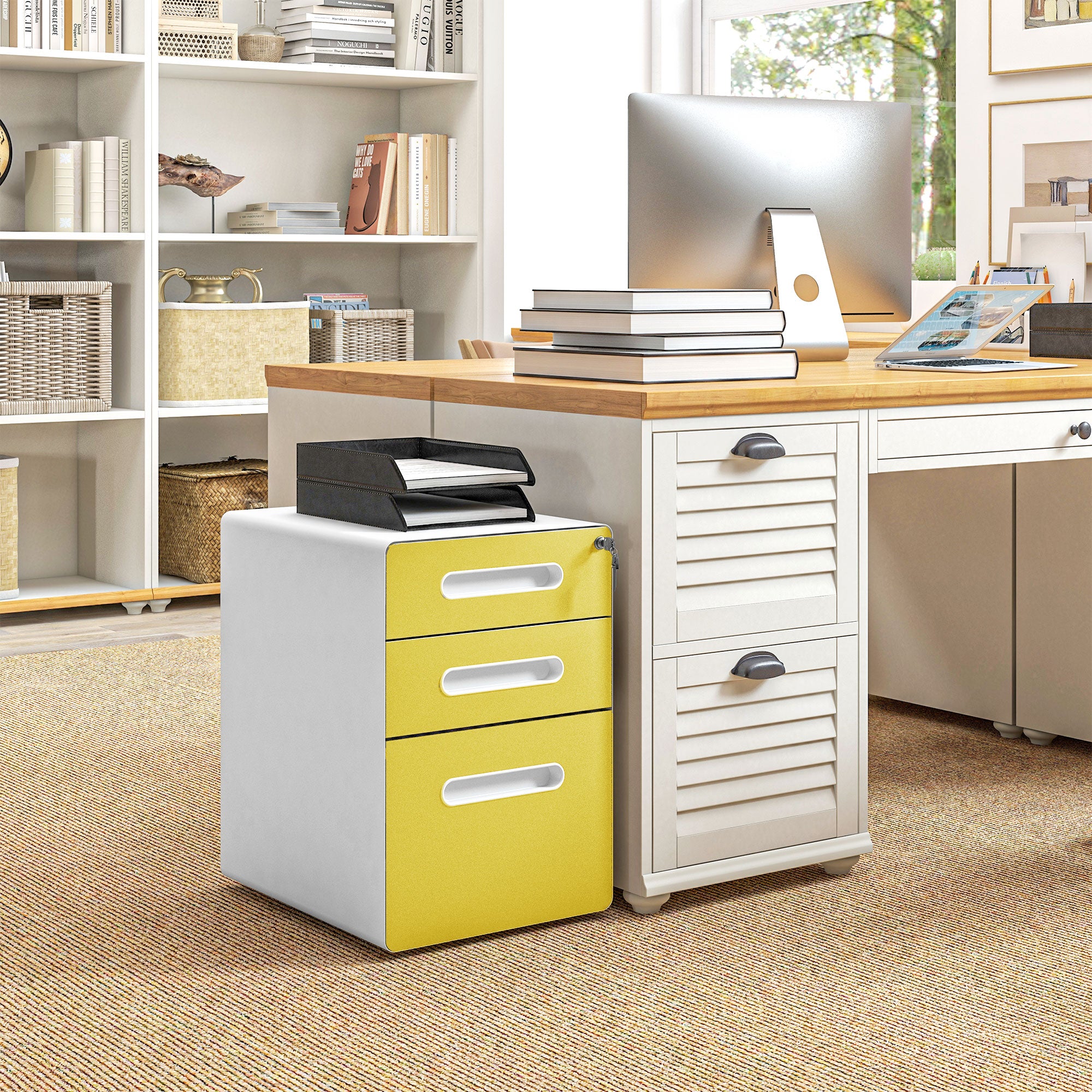 3 Drawer Filing Cabinet, Steel Lockable File Cabinet with Lock and Wheels, for A4, Letter, Legal Sized Files, Yellow