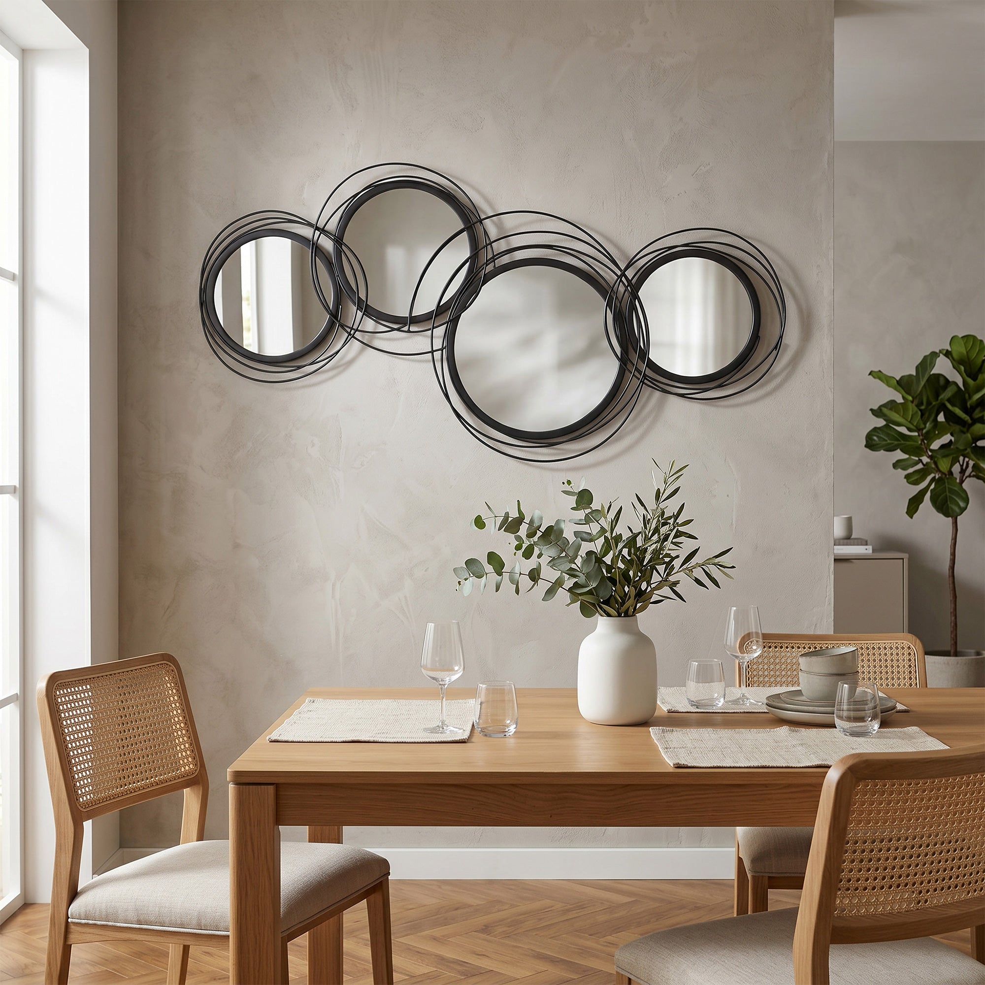 Metal Wall Art 56cm Modern Decorative Mirror Decor for Living Room Bedroom Dining Room, Black