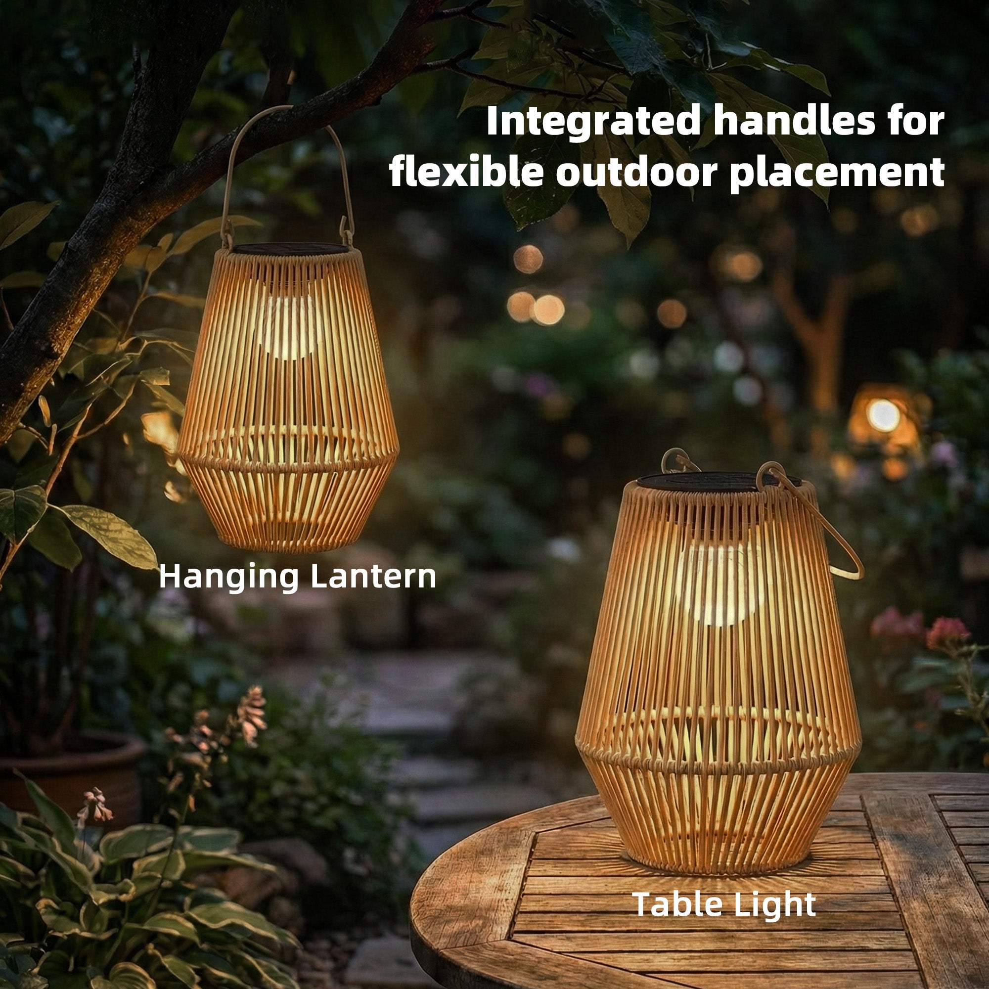 Hanging Solar Lanterns, 2 Pack Rattan Solar Lights with Handle for Patio, Pathway, Terrace, Auto On/Off, Brown