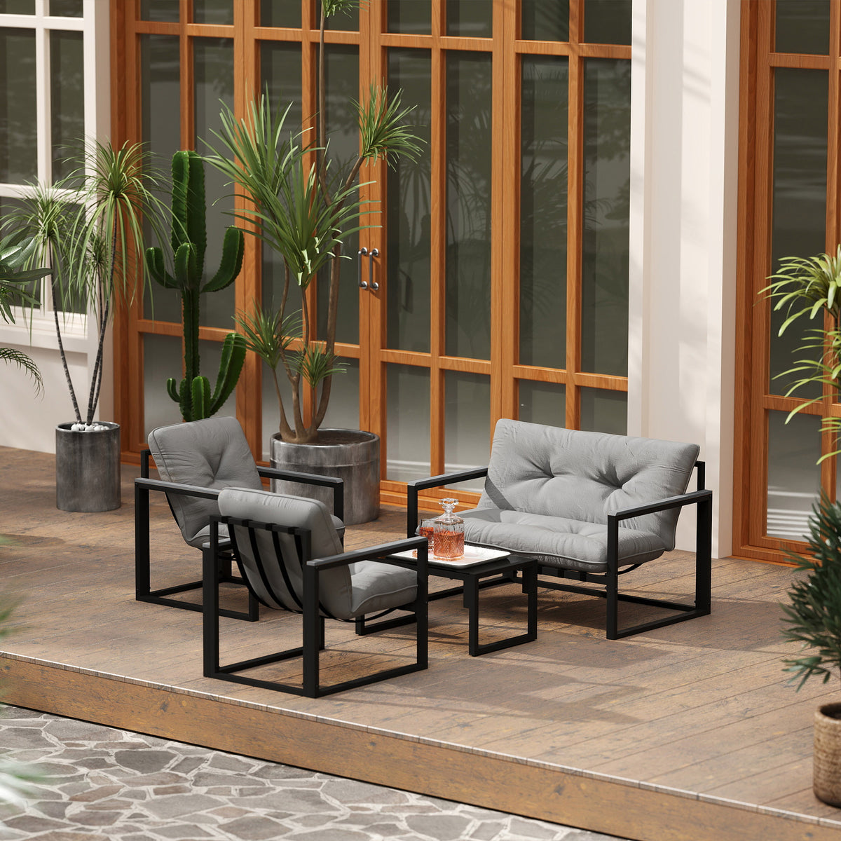 4-Piece Garden Furniture Set with Loveseat, Armchairs & Glass Coffee Table - Dark Grey