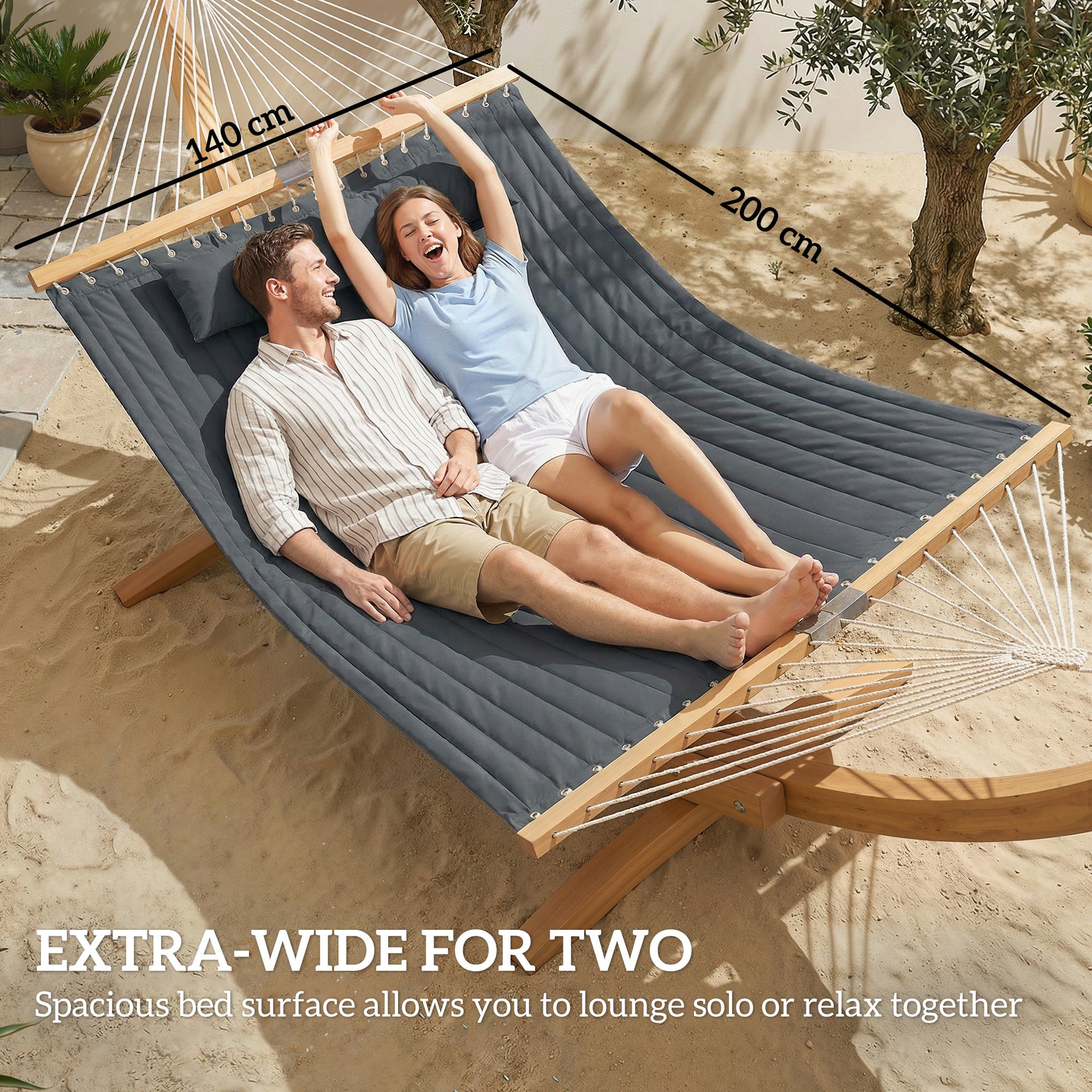 Double Hammock 2 Person Swing Bed with Spreader Bars, Pillows, Pad, 200 x 140cm, Grey