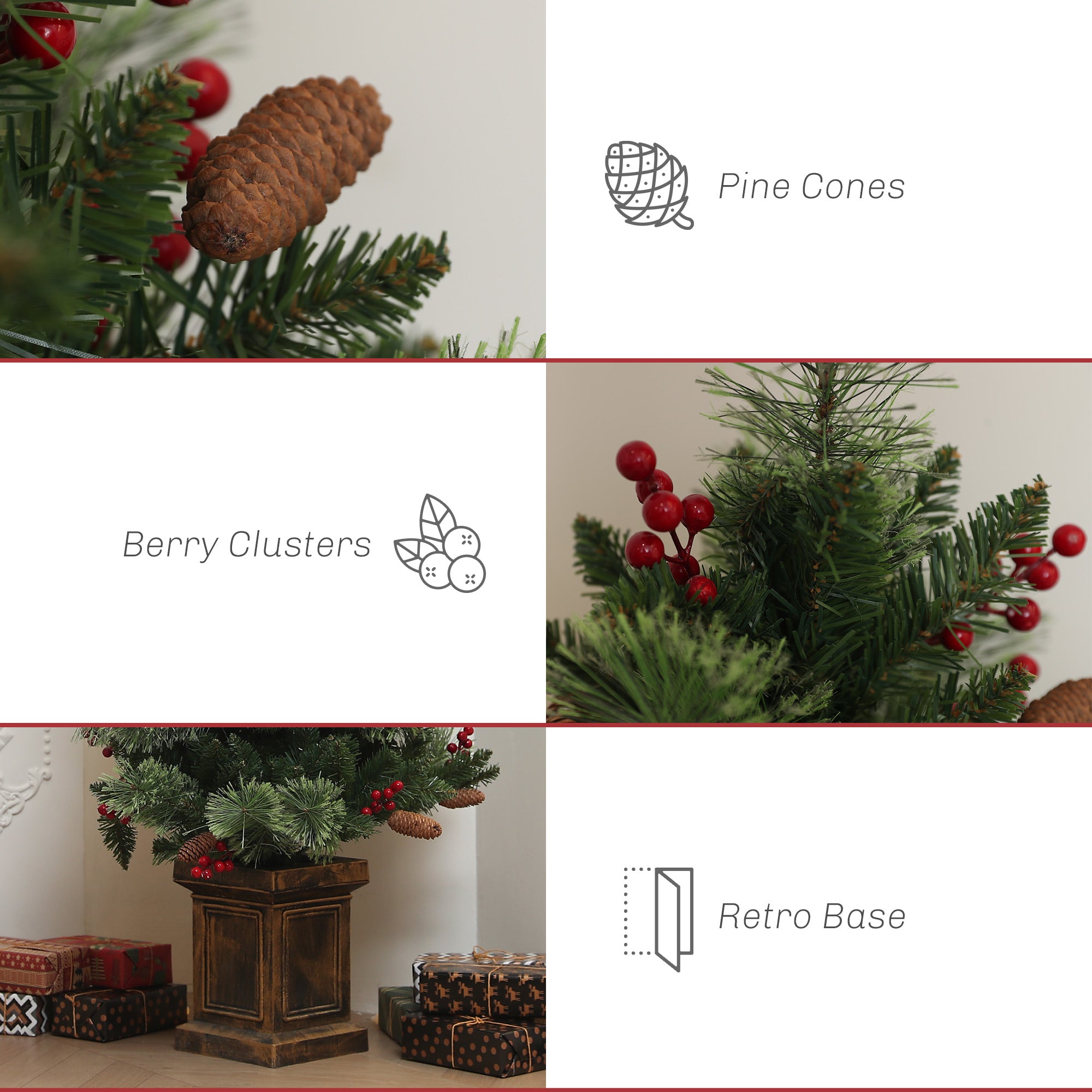 1.2m/4ft Artificial Christmas Tree with 100 Warm White LED Lights and 8 Modes, Small Xmas Tree with Red Berries, Pine Cones and Retro Base, Green