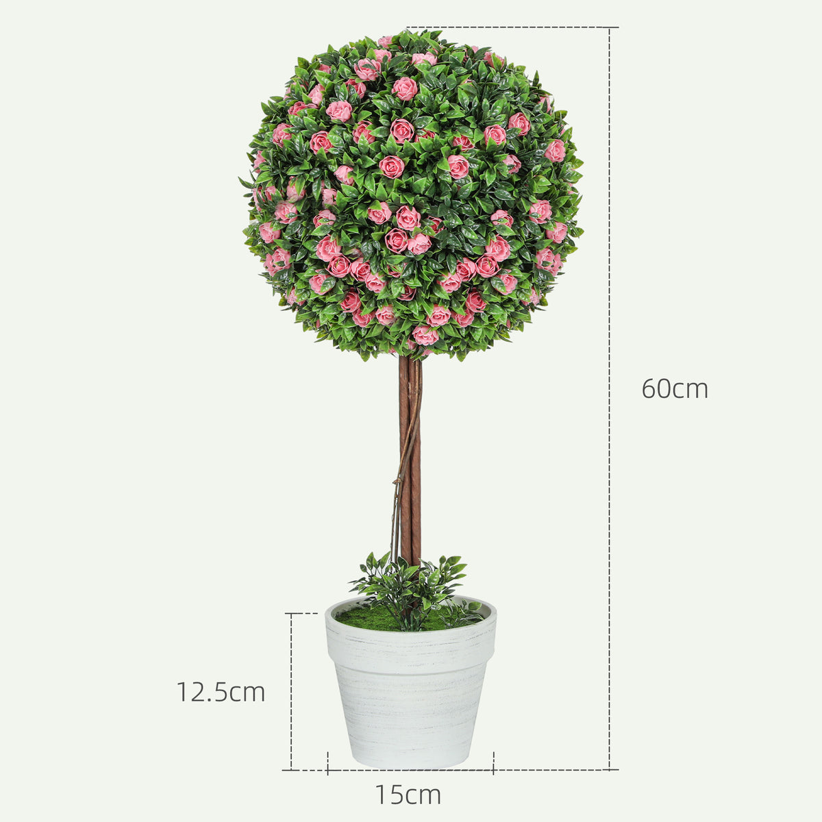 Set of 2 Decorative 60cm Ball Topiary Rose Artificial Plants in Pots - Pink