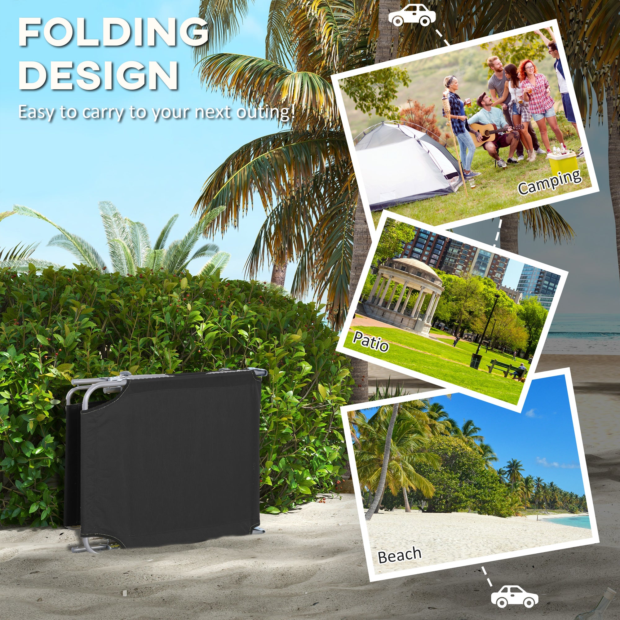 Foldable Sun Lounger Set of 2 with Sun Shade & Adjustable Backrest - Black