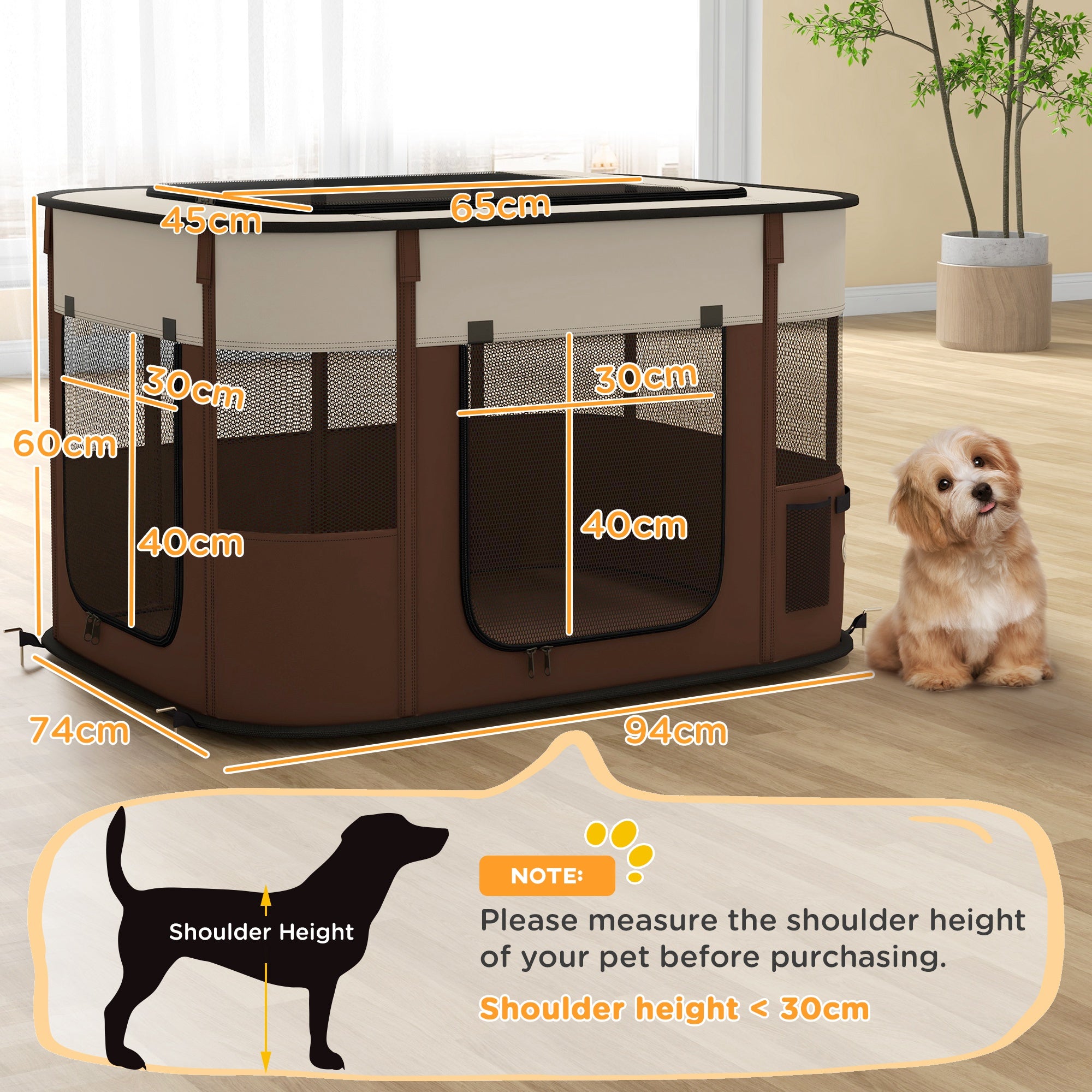 Foldable Dog Pen with Storage Bag for Indoor/Outdoor Use, Portable Pet playpen, with Ground Stakes - Brown