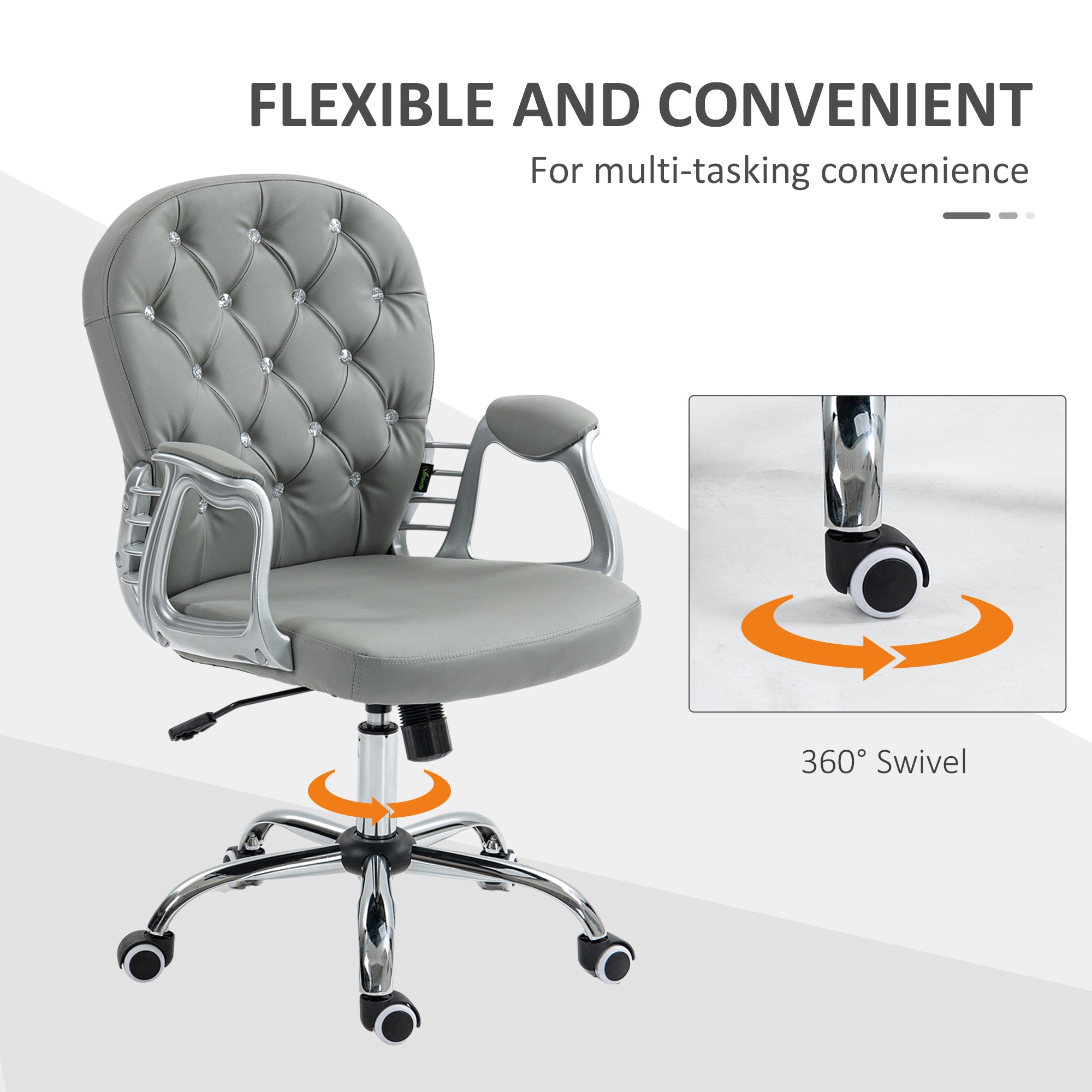 Office Chair Ergonomic 360° Swivel PU Diamante Padded Base 5 Castor Wheels for Home Work Grey