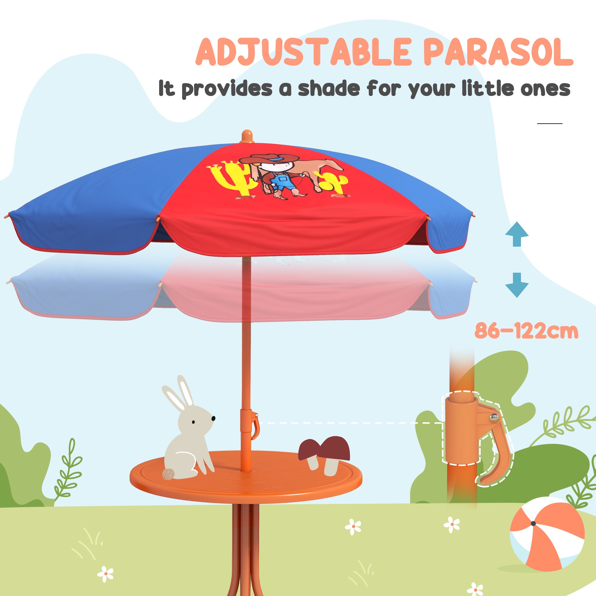 4 Piece Kids Garden Furniture Set with Adjustable Canopy, Cowboy Themed, Kids Garden Table and Chair Set and Double Seat Swing Chair for Patio Park Porch, for Ages 3-6 Years - Red and Blue