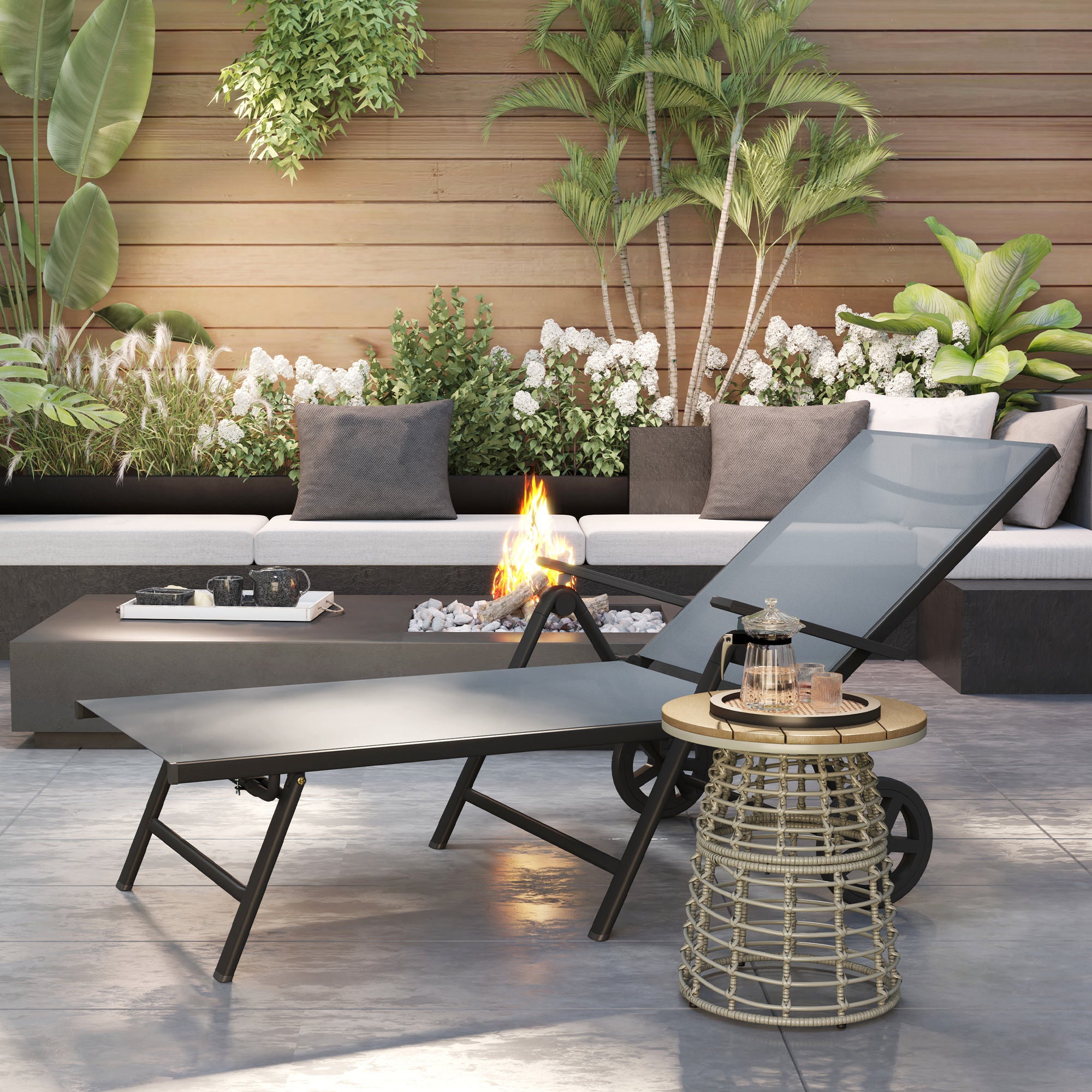 Folding Sun Lounger with Wheels and Adjustable Backrest - Grey