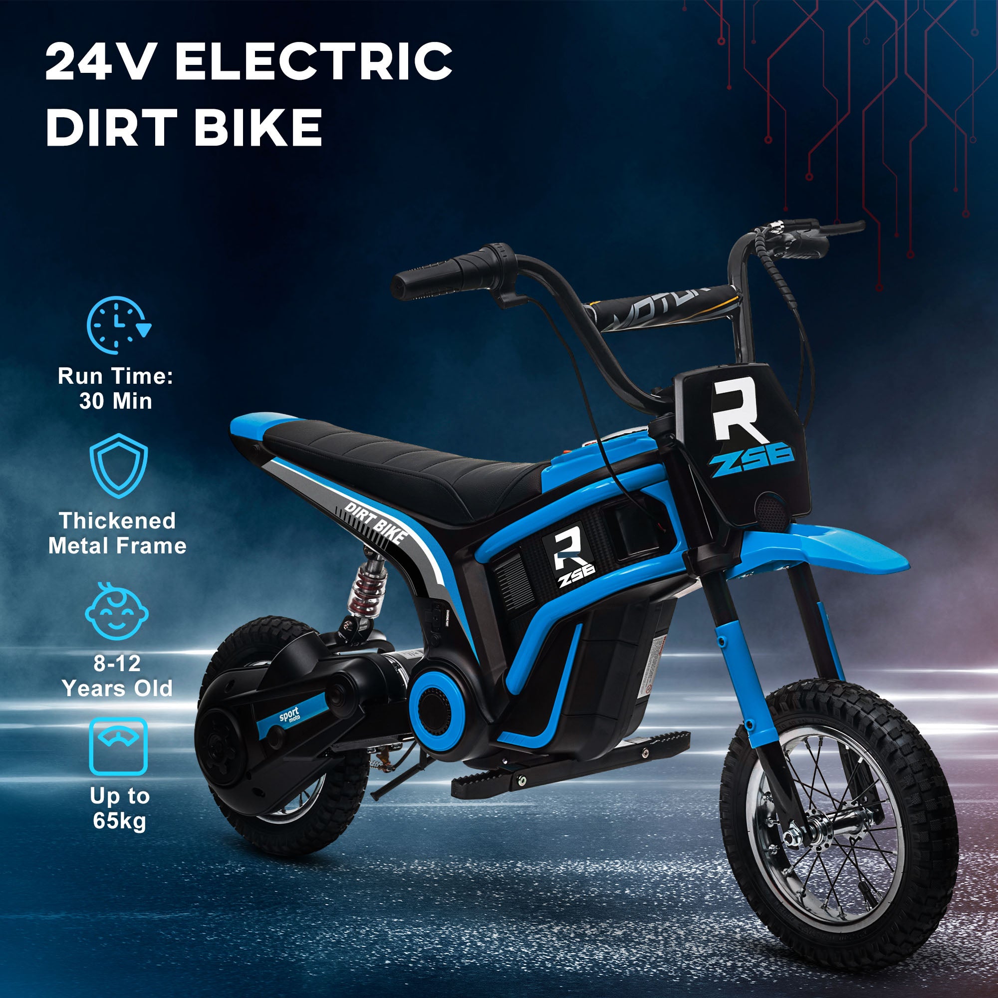 24V Electric Motorbike with Twist Grip Throttle, Music, Horn, 12" Pneumatic Tyres, 16km/h Max Speed - Blue