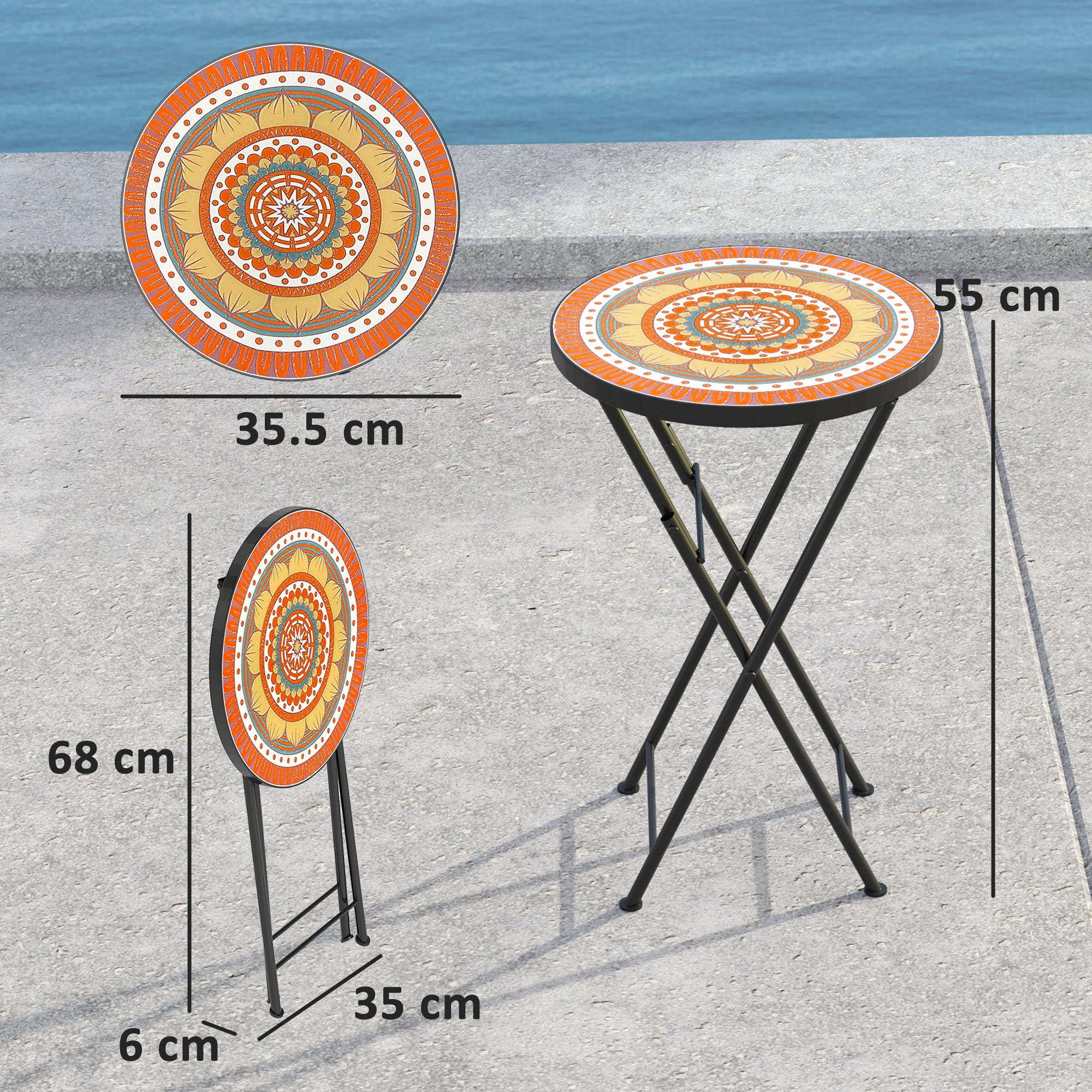 Mosaic Outdoor Garden Table, 35.5cm Round Folding Coffee Table with Metal Frame for Balcony Terrace, Orange