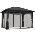 3 x 4m Hardtop Garden Gazebo with Galvanised Steel Roof, Water Gutter, Netting & Curtains - Dark Grey