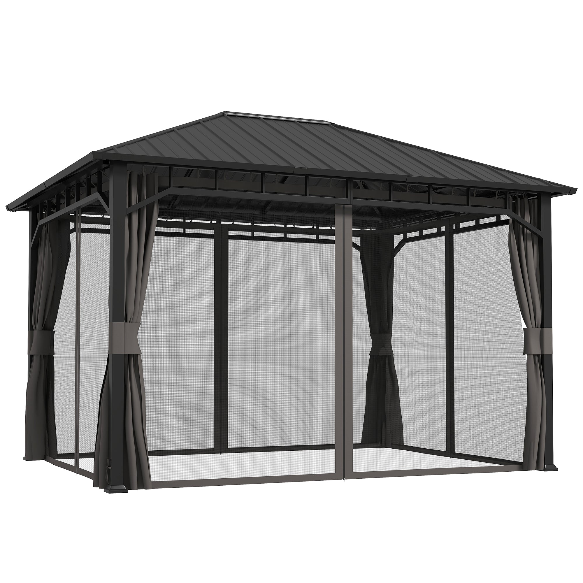 3 x 4m Hardtop Garden Gazebo with Galvanised Steel Roof, Water Gutter, Netting & Curtains - Dark Grey