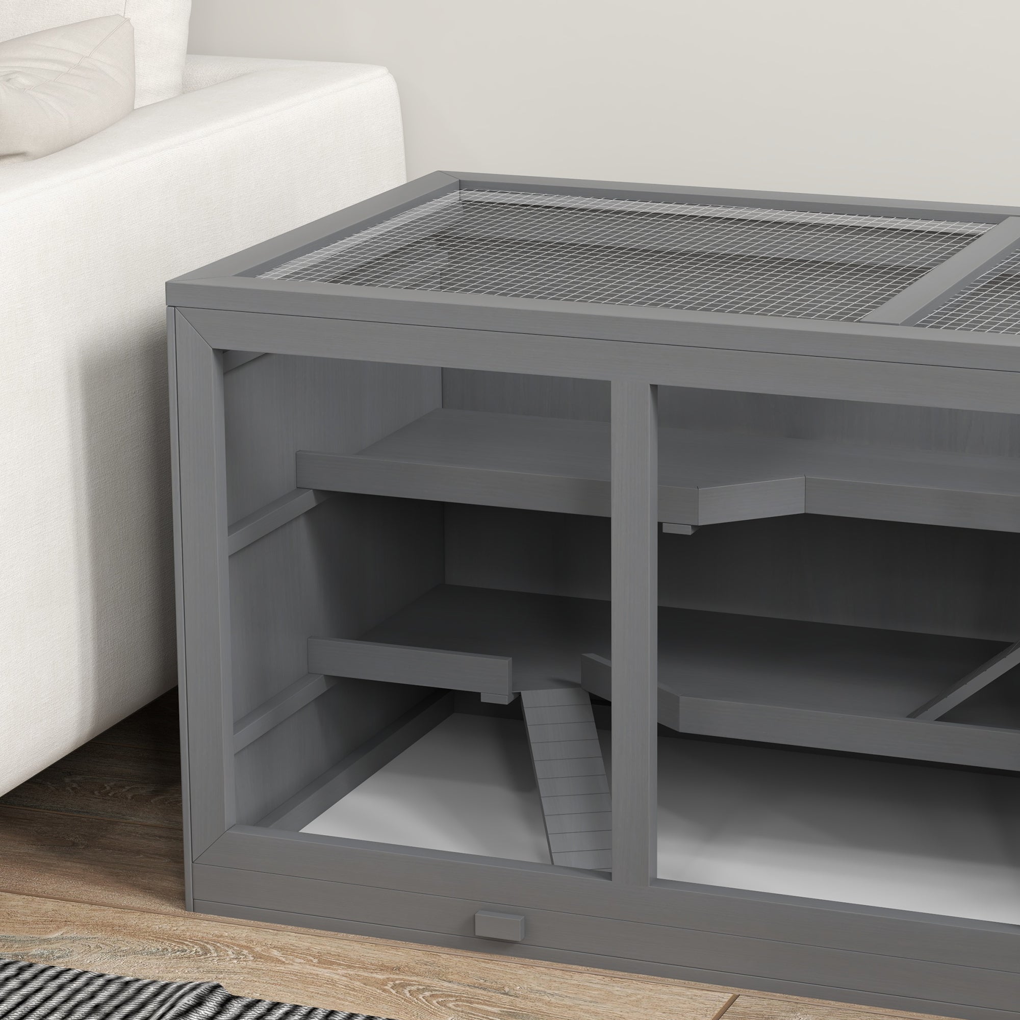 Wooden Hamster Cage, Small Animals Hutch with Tray, Openable Top, Exercise Play House Pen, 115L x 57W x 55Hcm, Grey