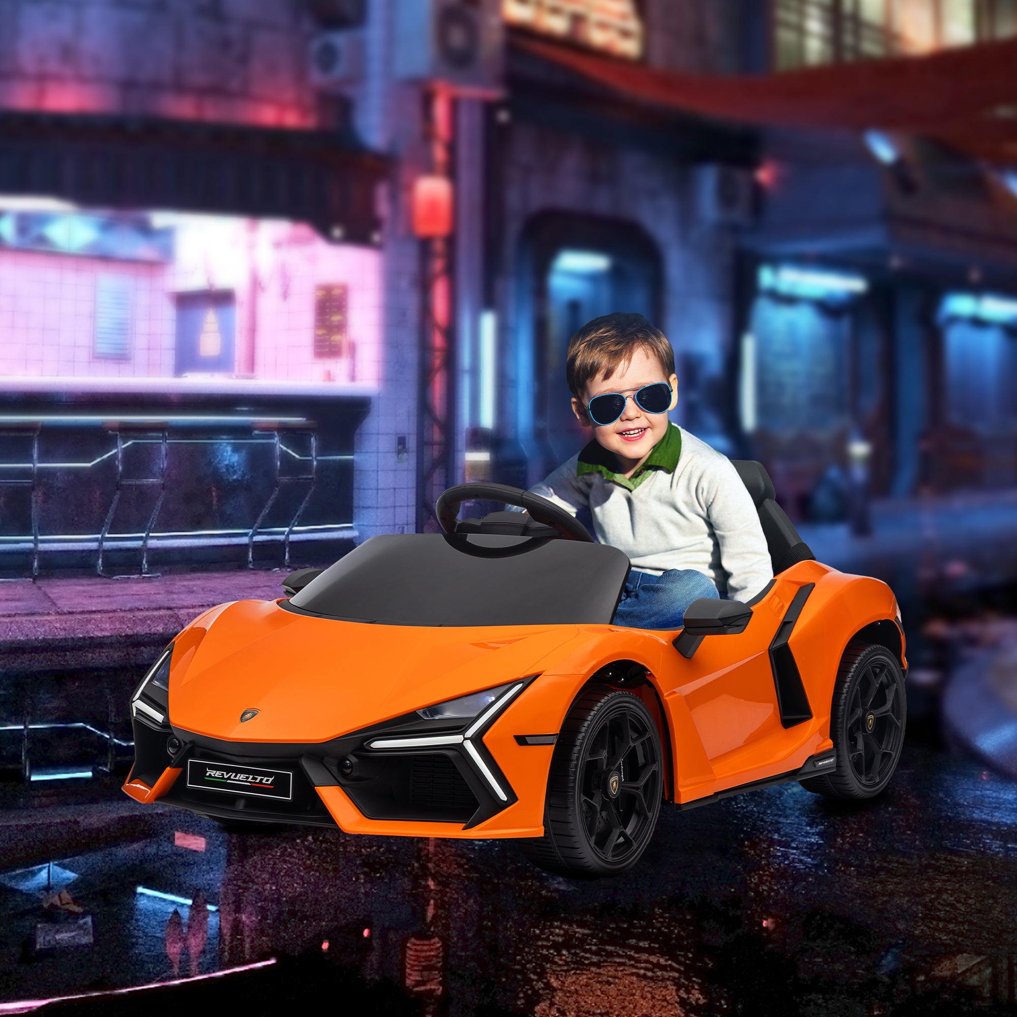 Lamborghini Revuelto Licensed 12V Ride on Car w/ Butterfly Doors, Transport Wheels, Suspension, Remote Control, Orange