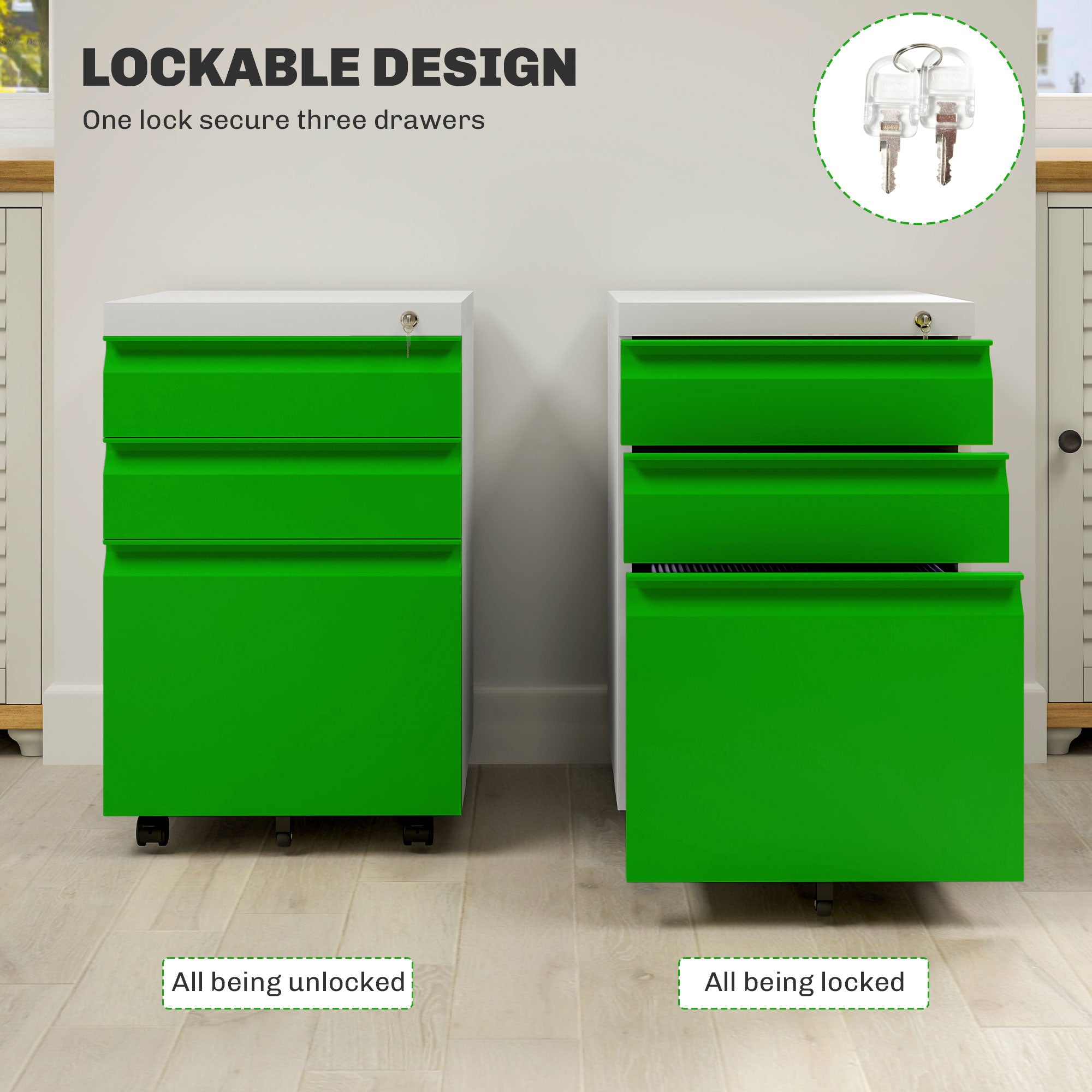 3 Drawer Filling Cabinet, Mobile Metal File Cabinet with Anti-tilt Design for Letter, A4, Legal Size, Green