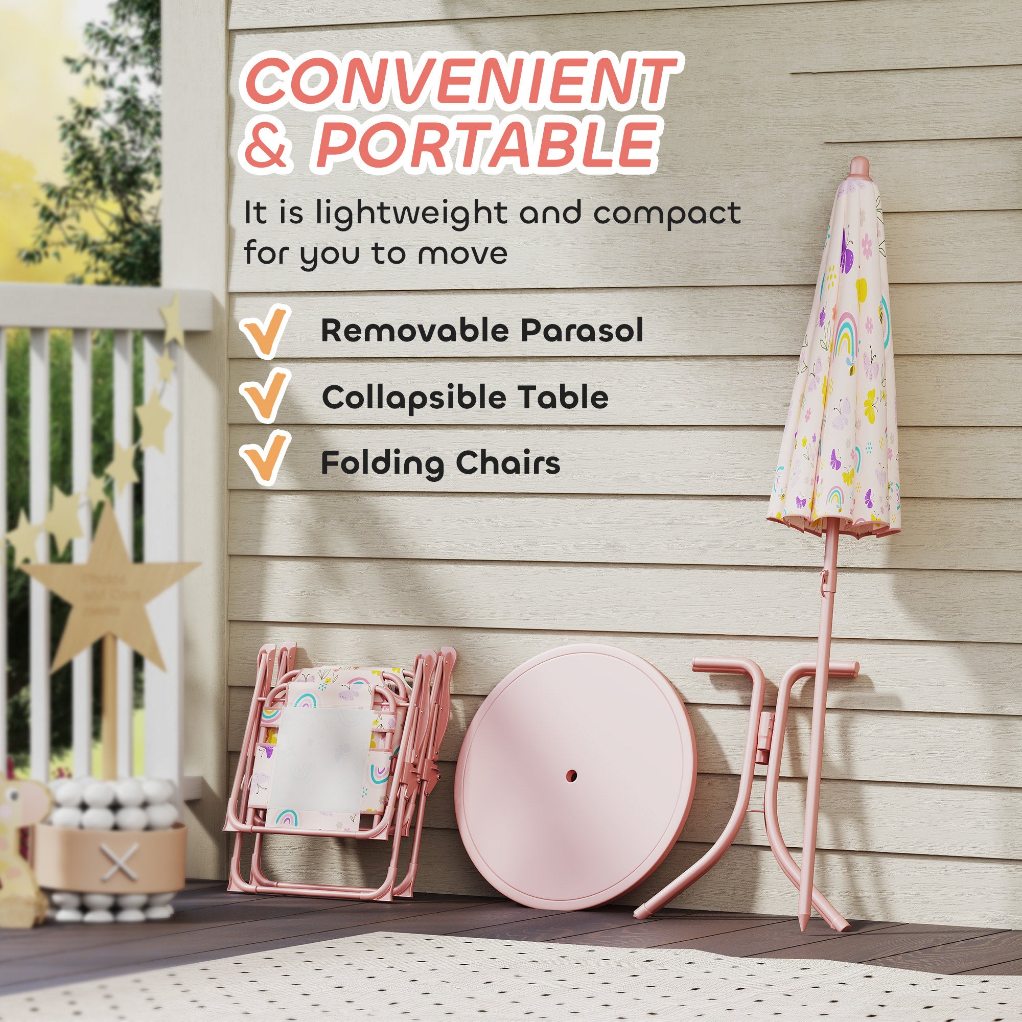 4 Pieces Kids Garden Table and Chair Set with Adjustable Parasol, Folding Chairs, Table, Rainbow Pattern, Pink