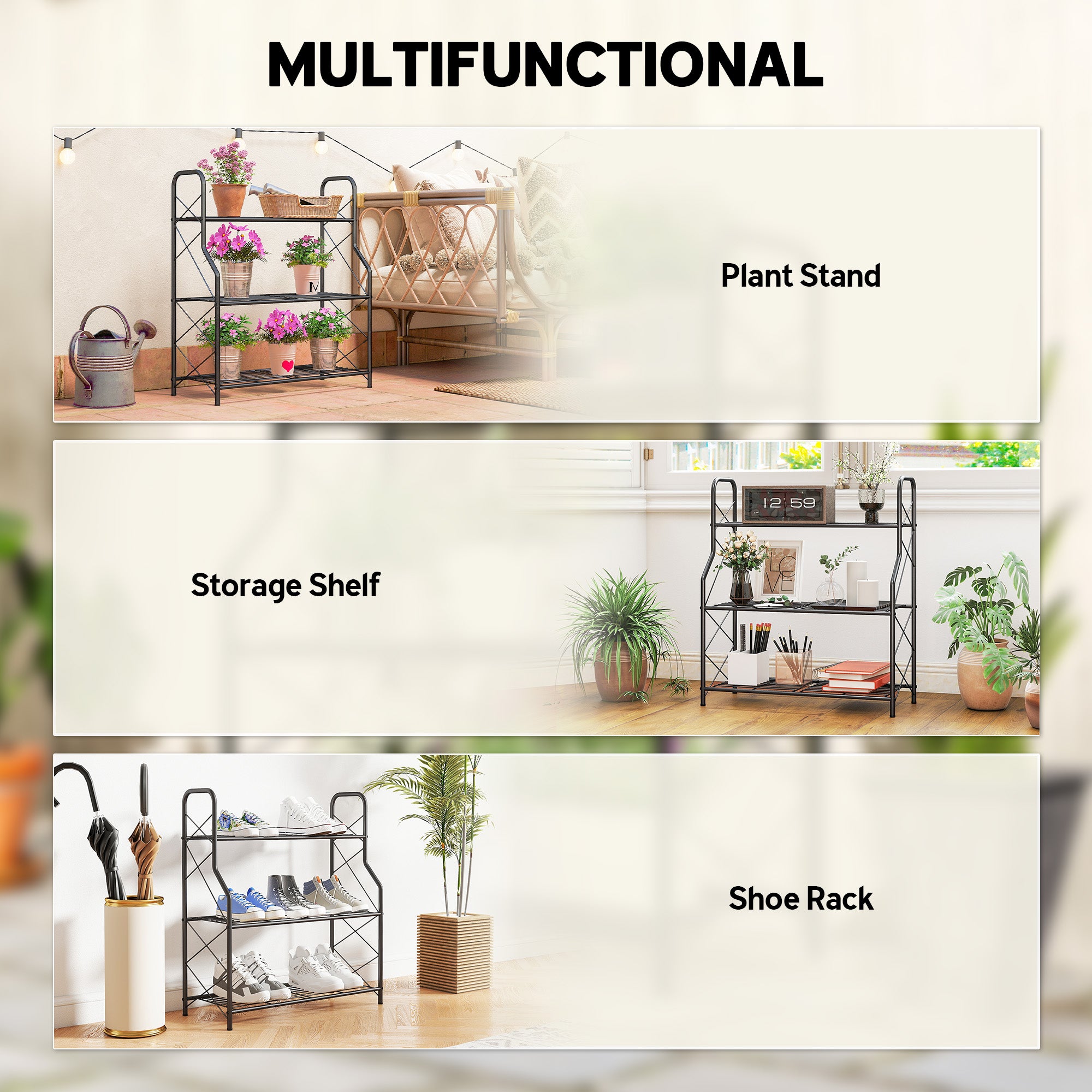 3-Tier Metal Plant Stand, Heavy Duty Ladder Shelf Potted Plants Display Rack, Indoor Outdoor Flower Pot Holder