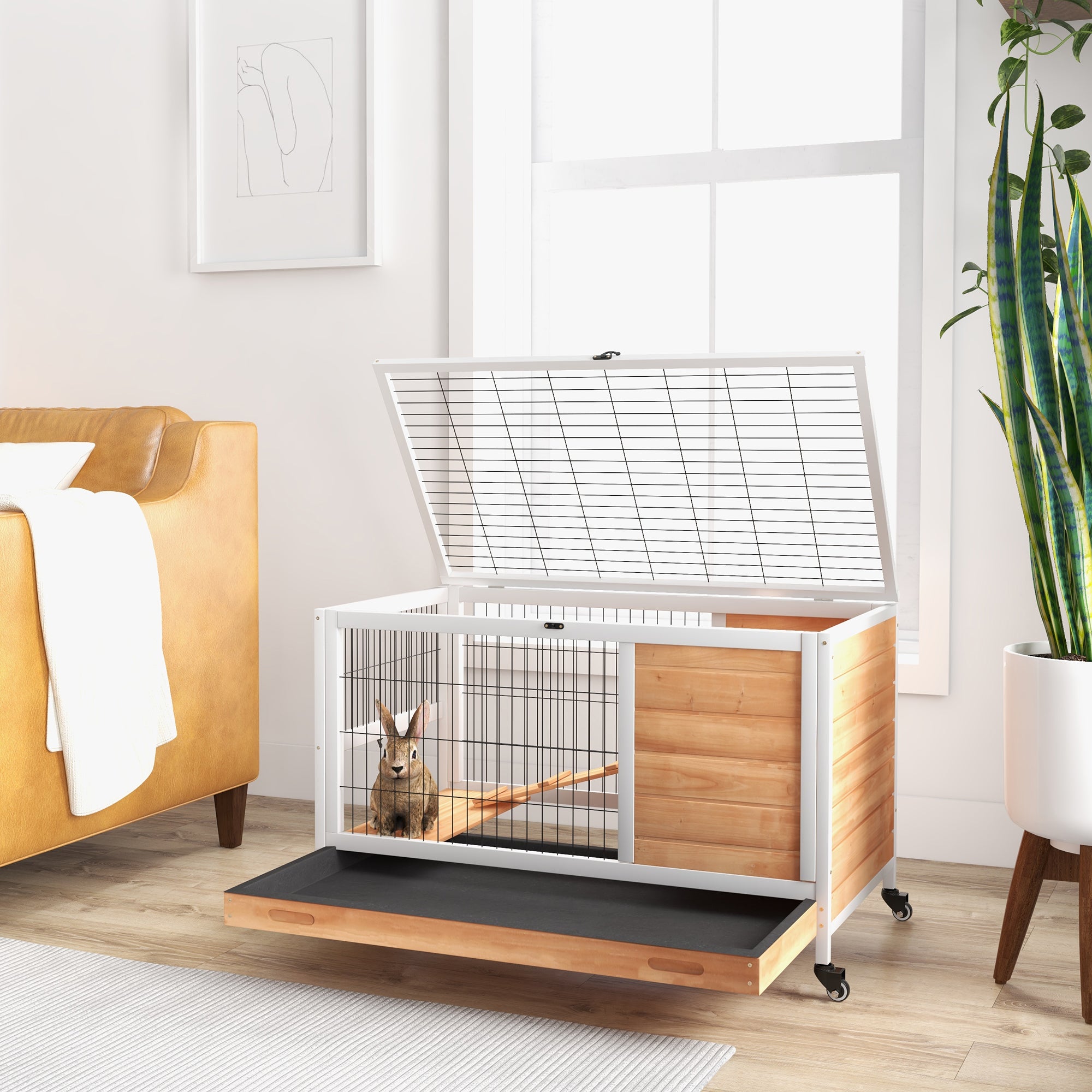 Wooden Guinea Pig Hutch, 2-Floor Bunny Cage w/ Enclosed Run Area, Yellow