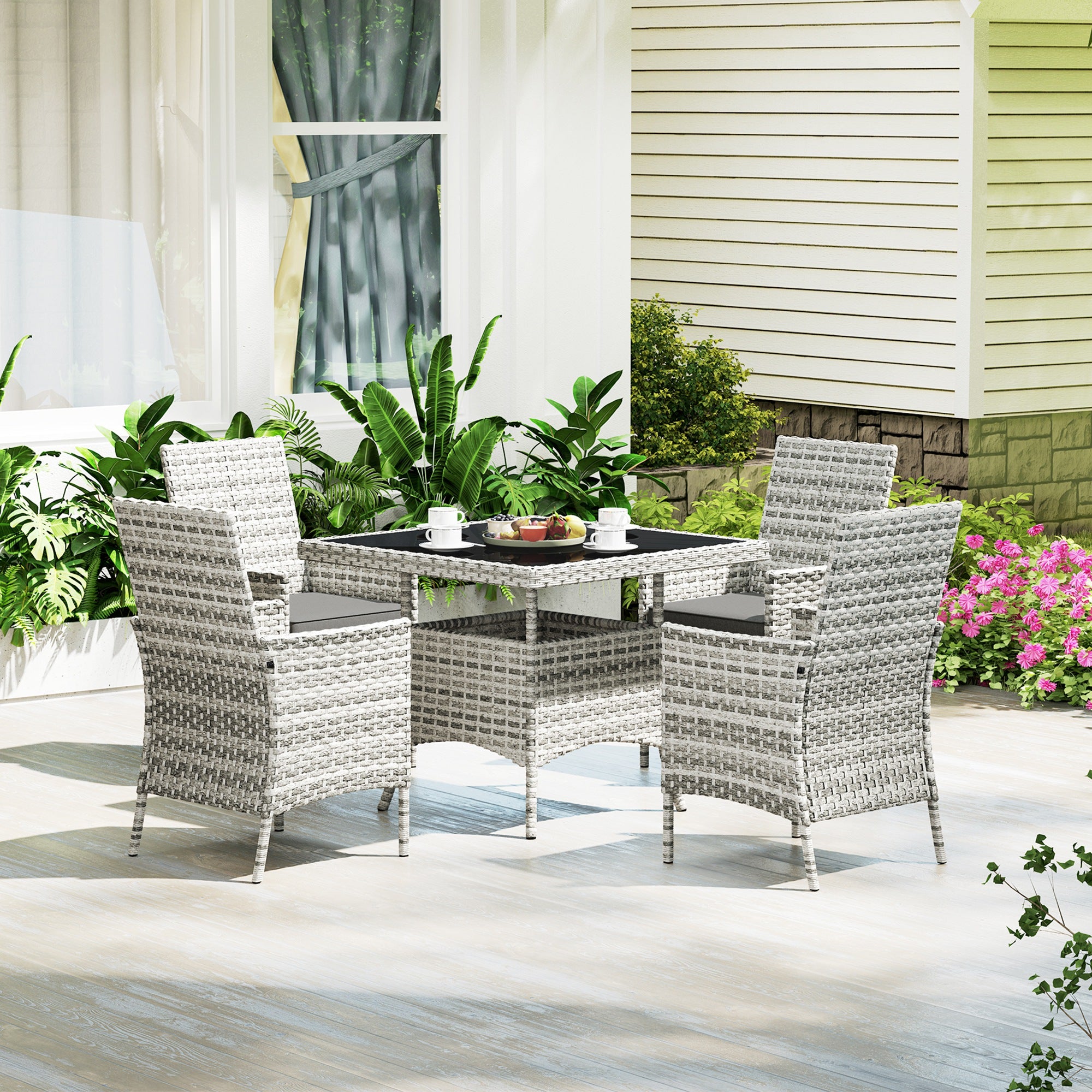 Rattan Garden Furniture Set, Outdoor Dining Table and Chairs 4 Seater with Cushions, Square Tempered Glass Top, 4 Armchairs, for Balcony, Terrace, Conservatory, Mixed-Grey