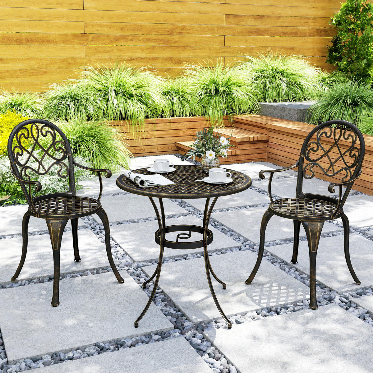 3 Piece Aluminium Garden Bistro Set with Adjustable Feet - Bronze Tone