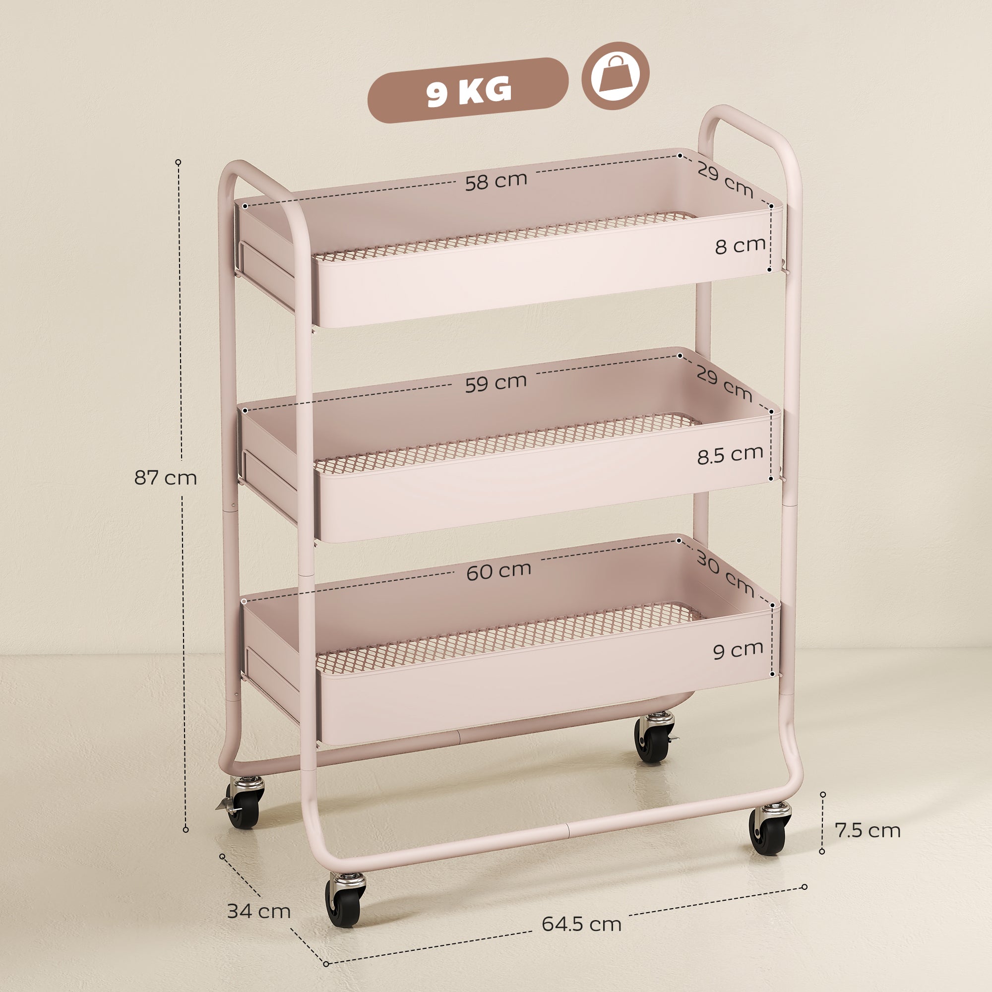 3-Tier Storage Trolley on Wheels, Rolling Utility Cart with Mesh Backets for Kitchen, Bathroom, Bedroom, Light Pink