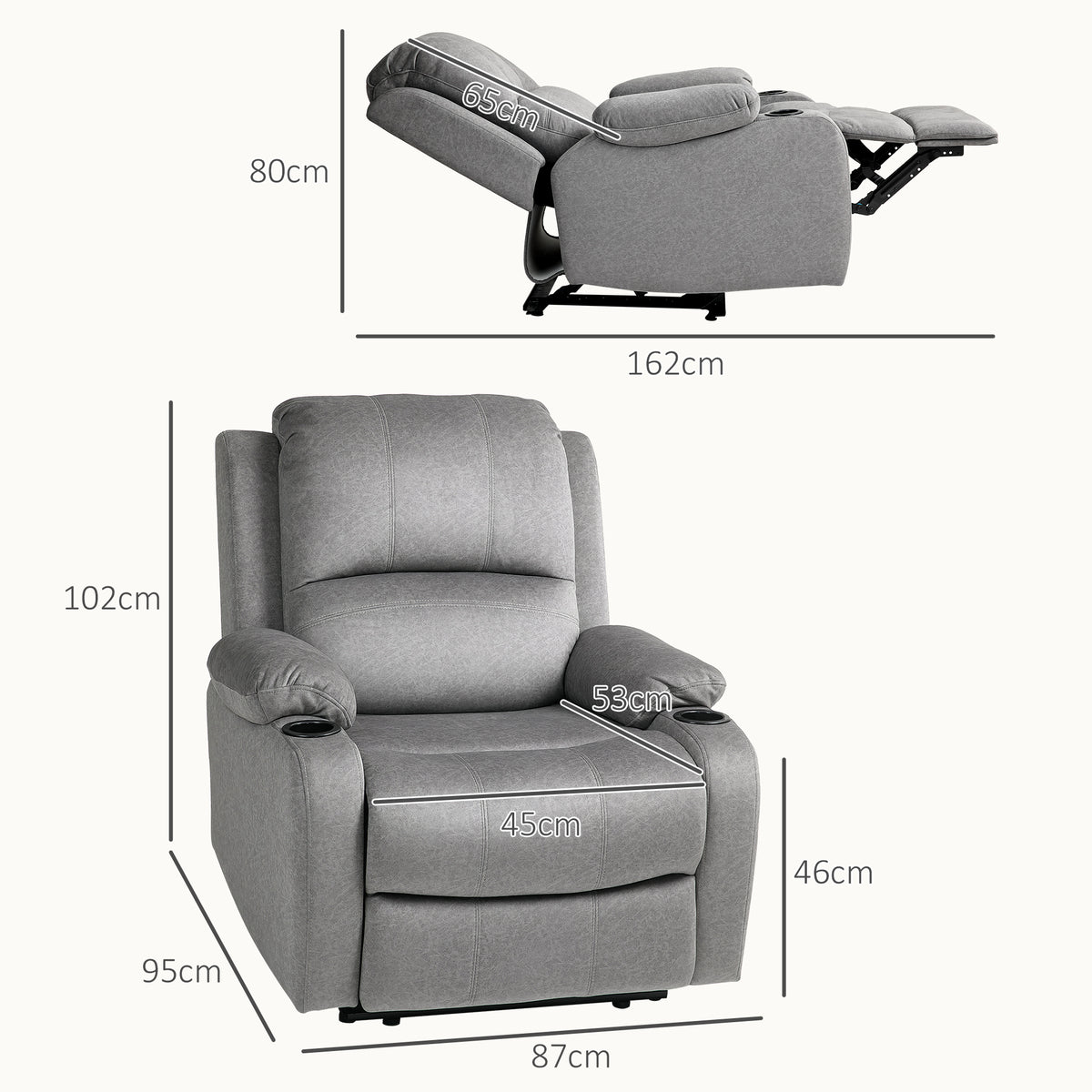 Microfibre Manual Reclining Armchair with Footrest - Grey