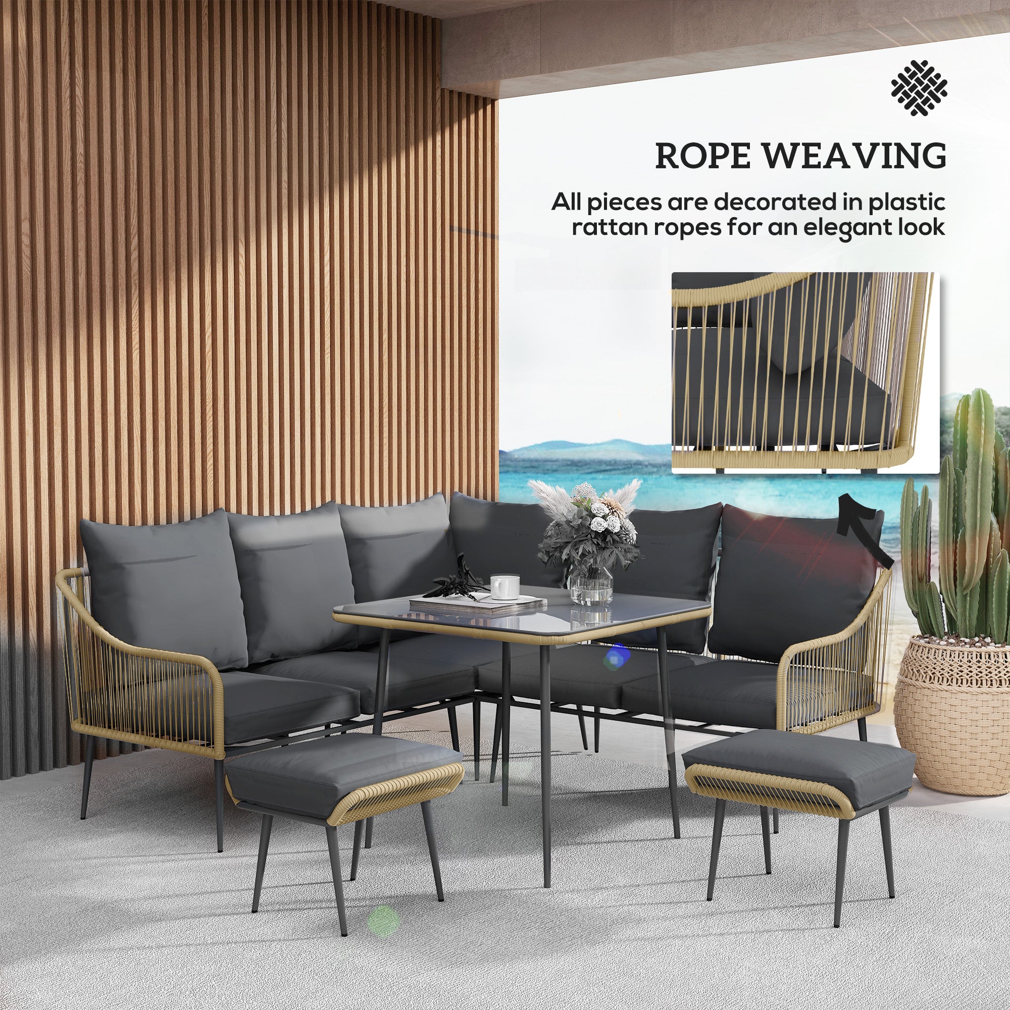 Six-Piece Rattan Strong Garden Sofa Set - Brown/Grey