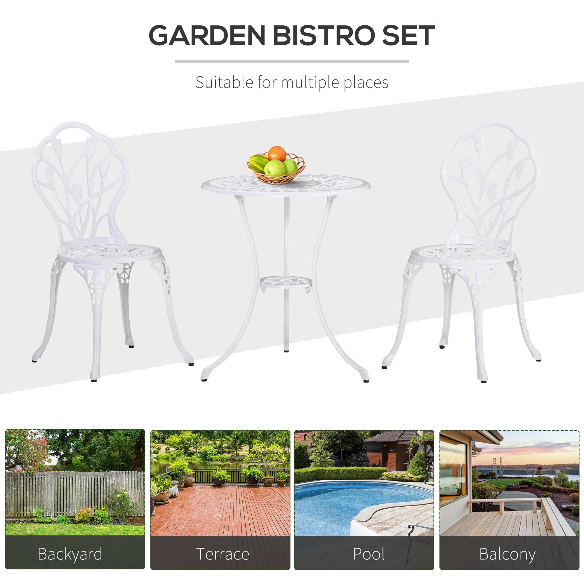 3 Piece Aluminium Patio Bistro Set with Umbrella Hole - White