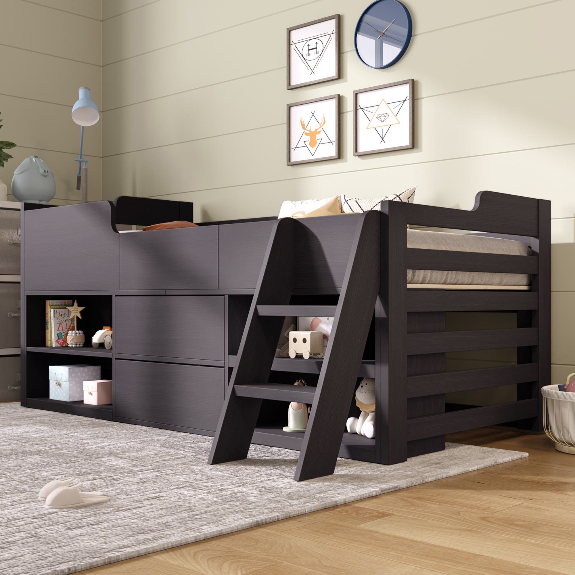 Children's Wooden Mid Sleeper Cabin Bed with Drawers and Shelves, Versatile Bed Frame for Bedroom, 196L x 94W x 92H cm, Taupe