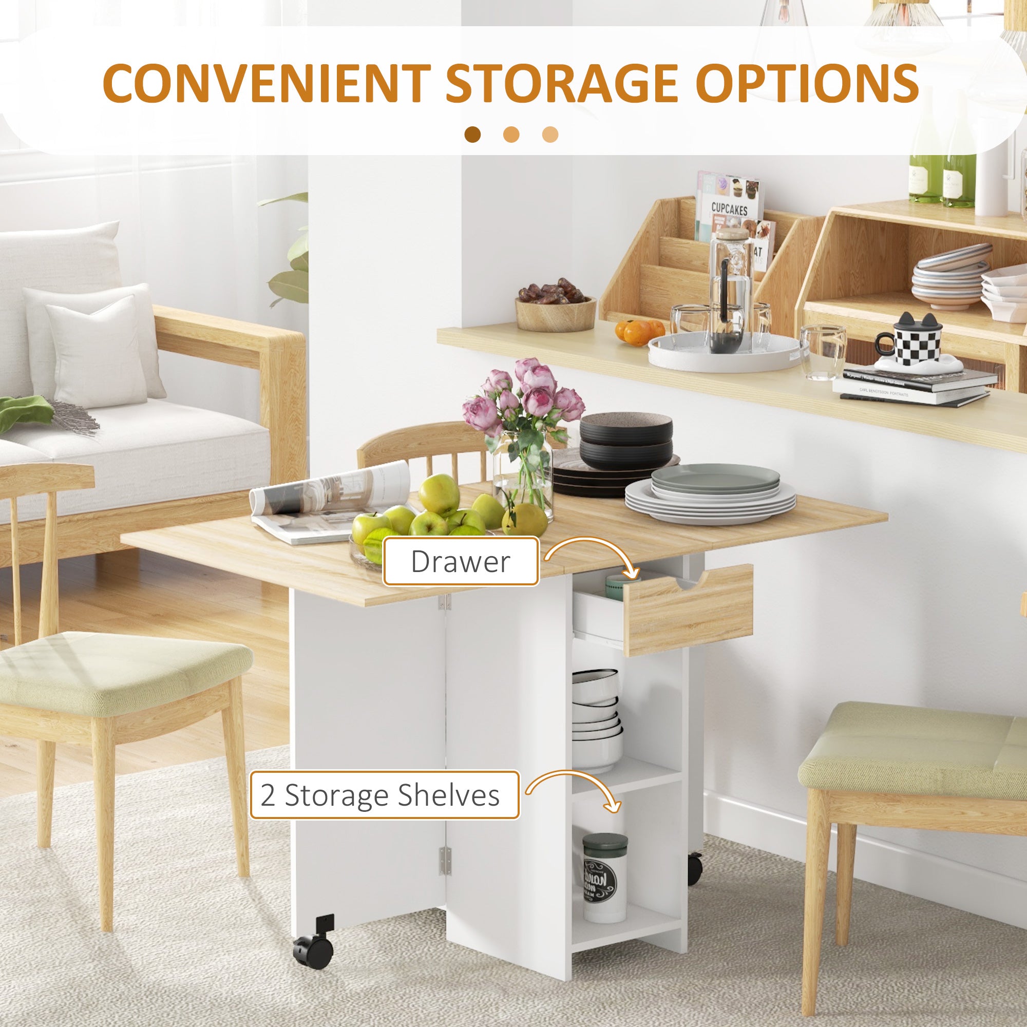 Folding Drop Leaf Dining Table with Drawer and Storage Shelves for Small Spaces - Oak
