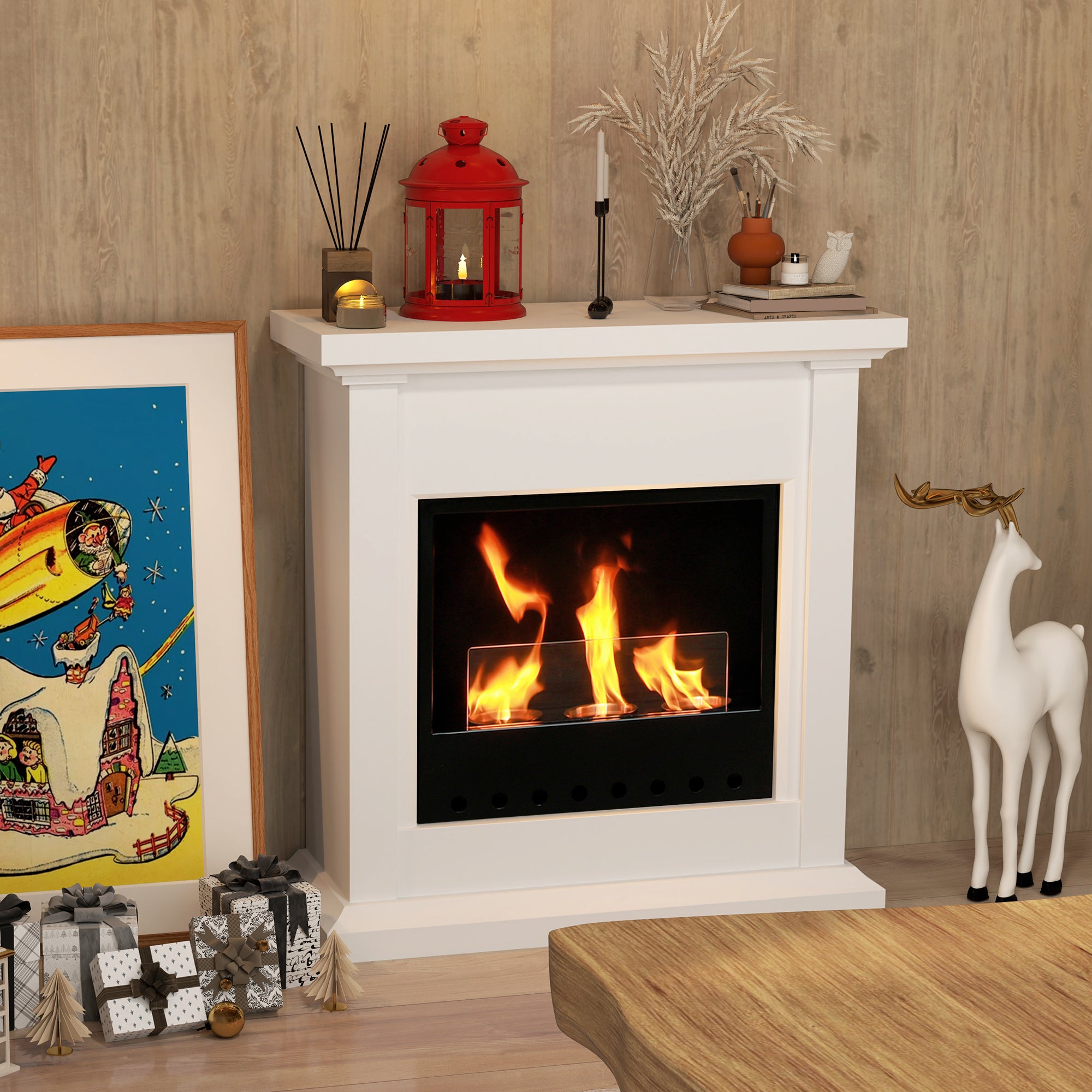 Bioethanol Fire Heater, with Mantelpiece - White