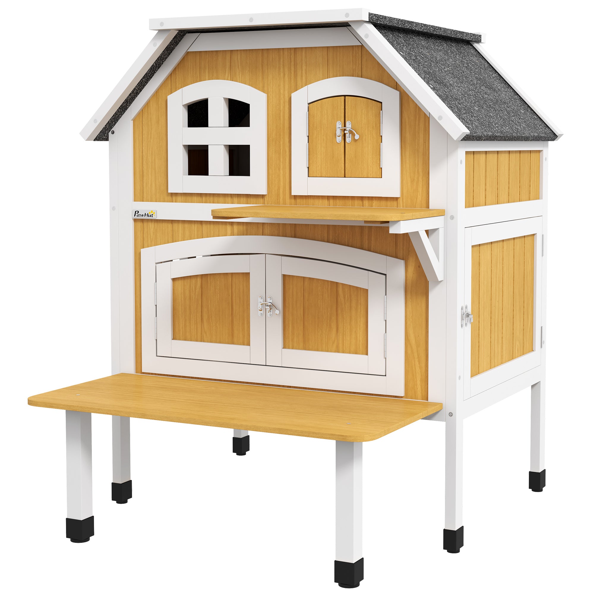 Outdoor Cat Shelter 2 Tiers Wooden Feral Cat House with Openable Asphalt Roof, Escape Doors, Terrace, for 1-2 Cats