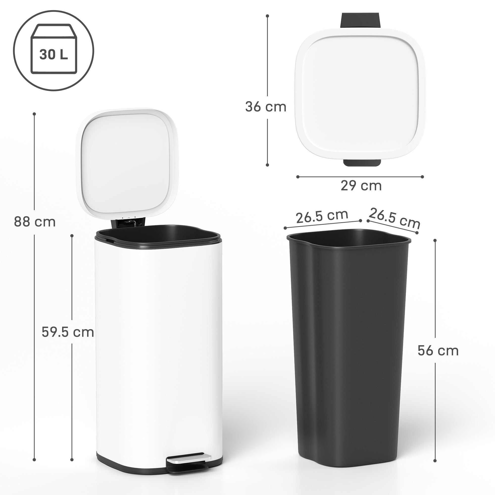 30L Kitchen Bin, Compact Pedal Bin with Soft-Close and Stay-Open Lid, Removable Bucket for Kitchen, Home, Office, White
