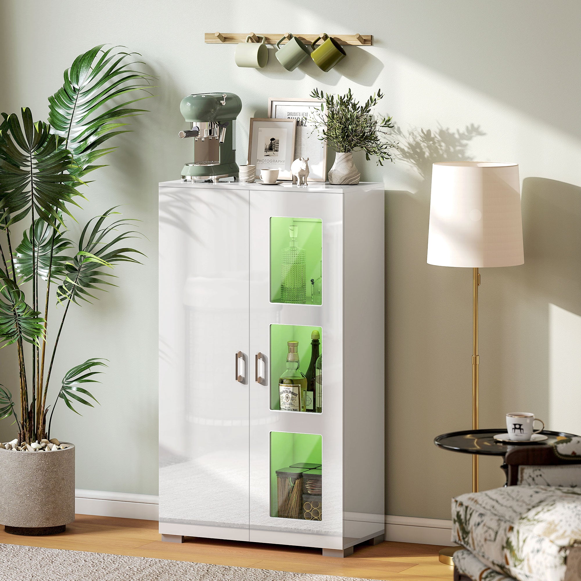 High Gloss Sideboard, Display Cabinet with 16-Colour RGB LED Lights and Remote Control, Modern Storage Cupboard with Glass Doors and Shelves for Living Room, Dining Room, Kitchen, White