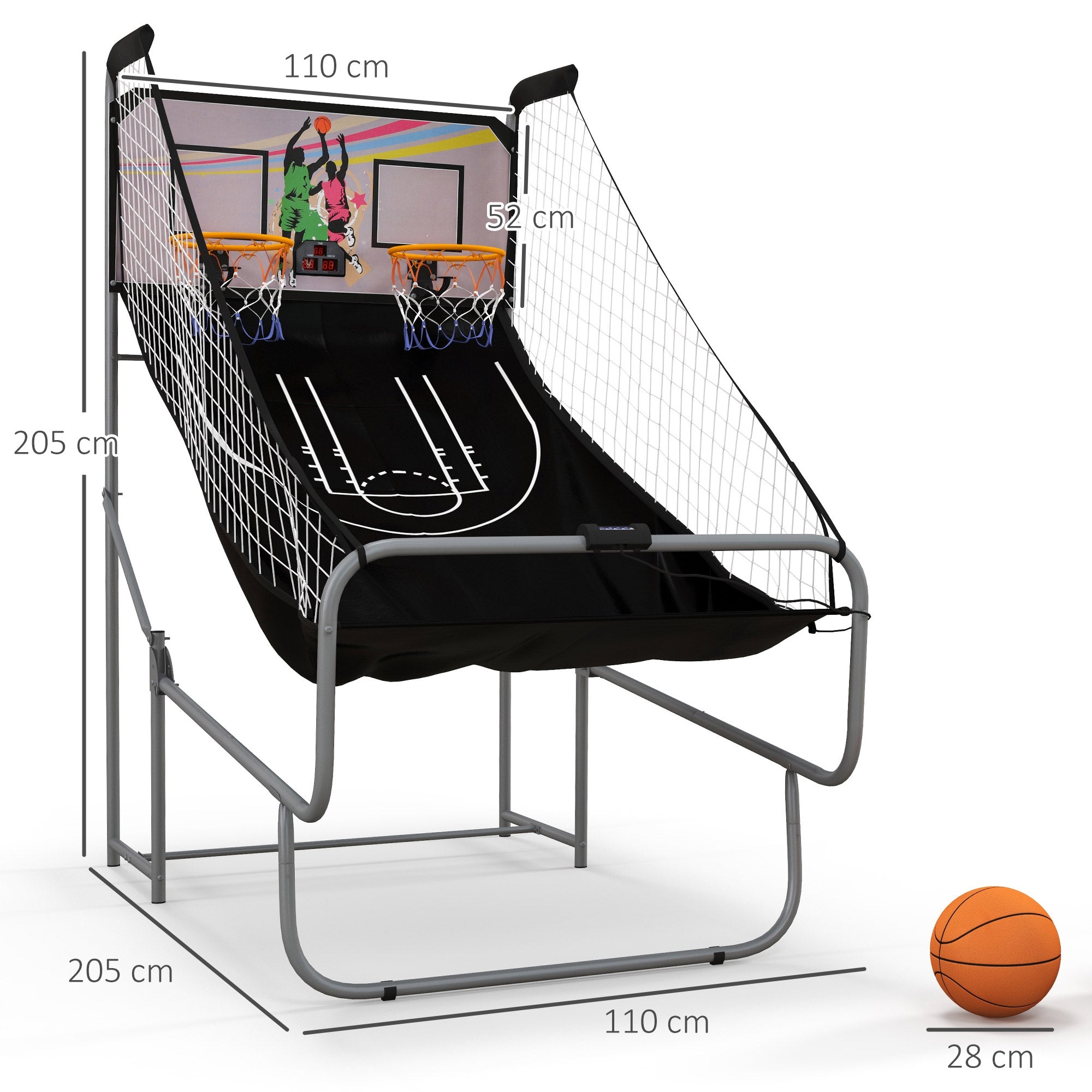 Foldable Double-Hoop Basketball Arcade Game, with Eight Modes, Four Basketballs, Electronic Scoreboard, Sound Effects