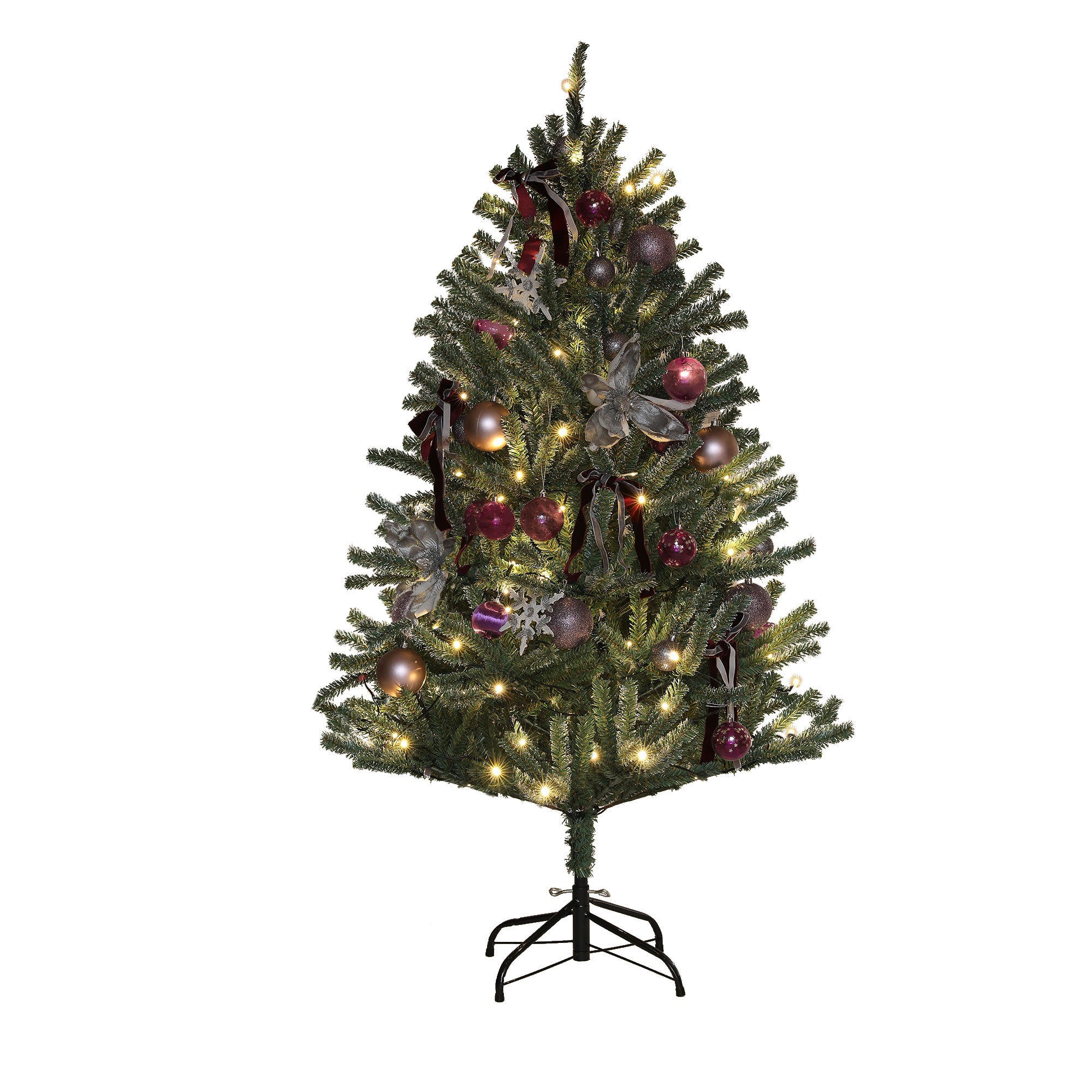 5ft Artificial Prelit Christmas Tree with Warm White LED Lights and 486 Tips, Metal Stand, Xmas Tree with Purple Ornaments for Home Office Holiday