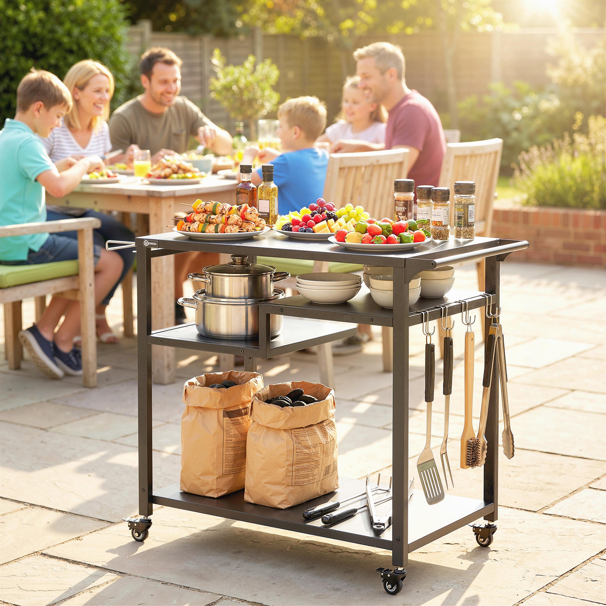 Outdoor Grill Cart, Three-Tier Pizza Oven Stand with Steel Tabletop, Hooks, Rubbish Bag Holder, Wheels, Black