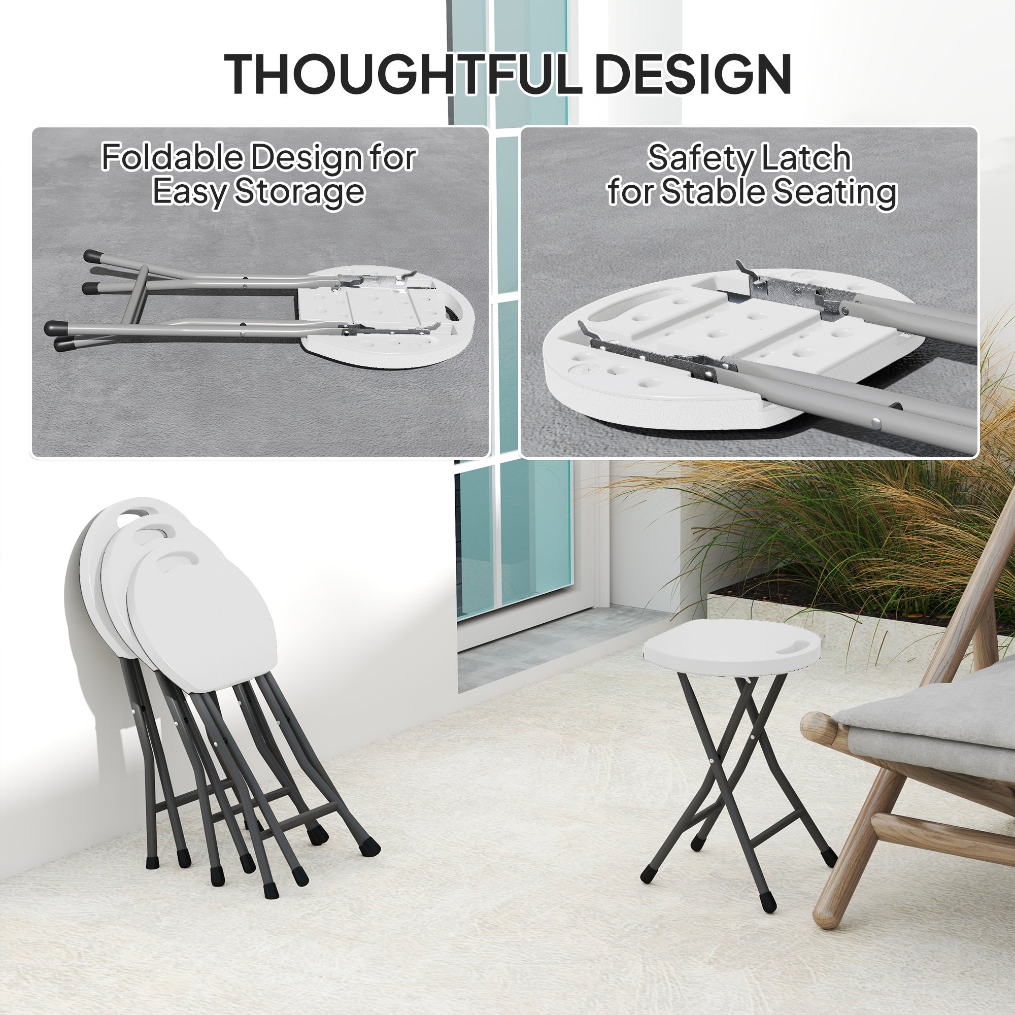 Set of 4 Folding Carry Stools with Powder-Coated Steel Legs - White