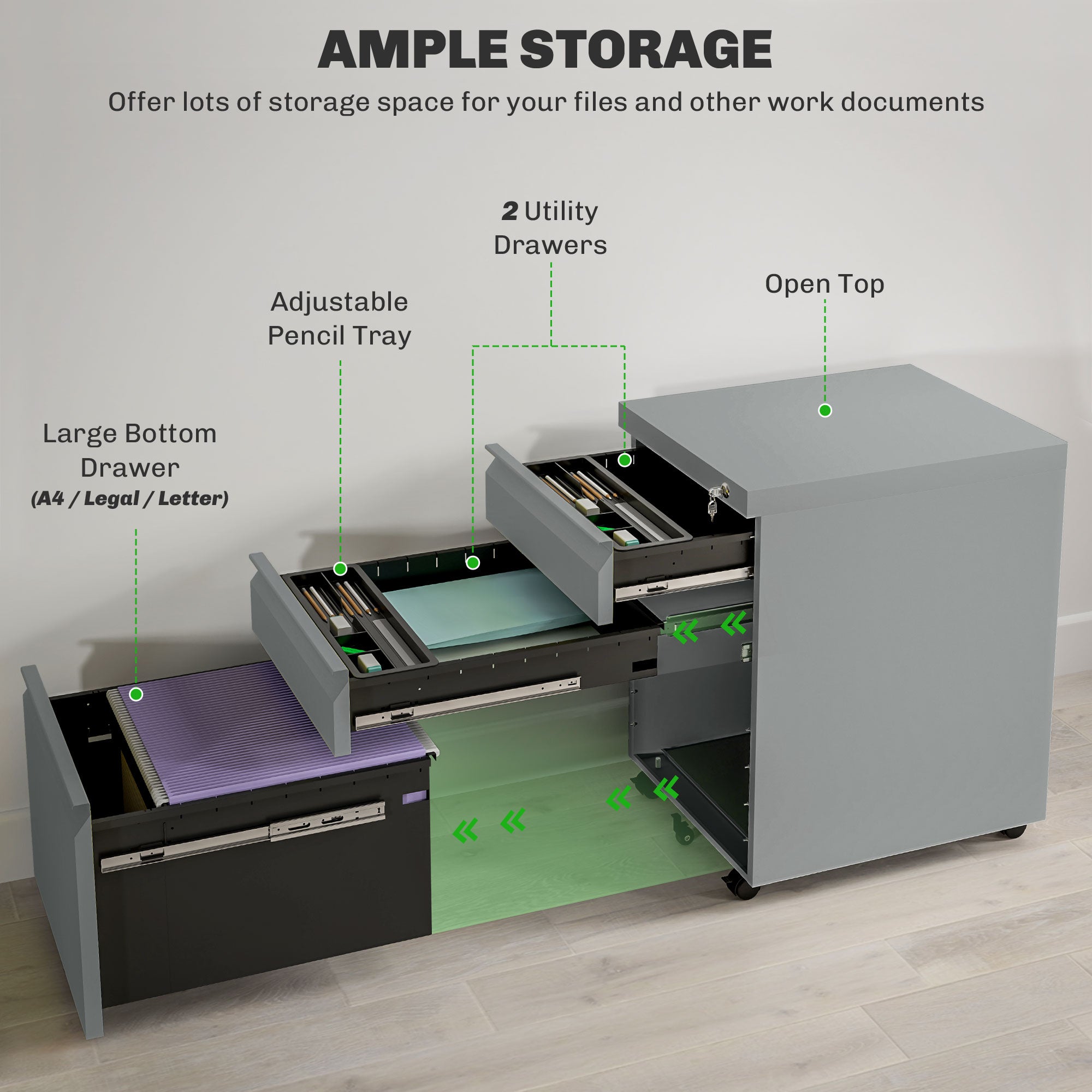 3 Drawer Filling Cabinet, Mobile Metal File Cabinet with Anti-tilt Design for Letter, A4, Legal Size, Grey