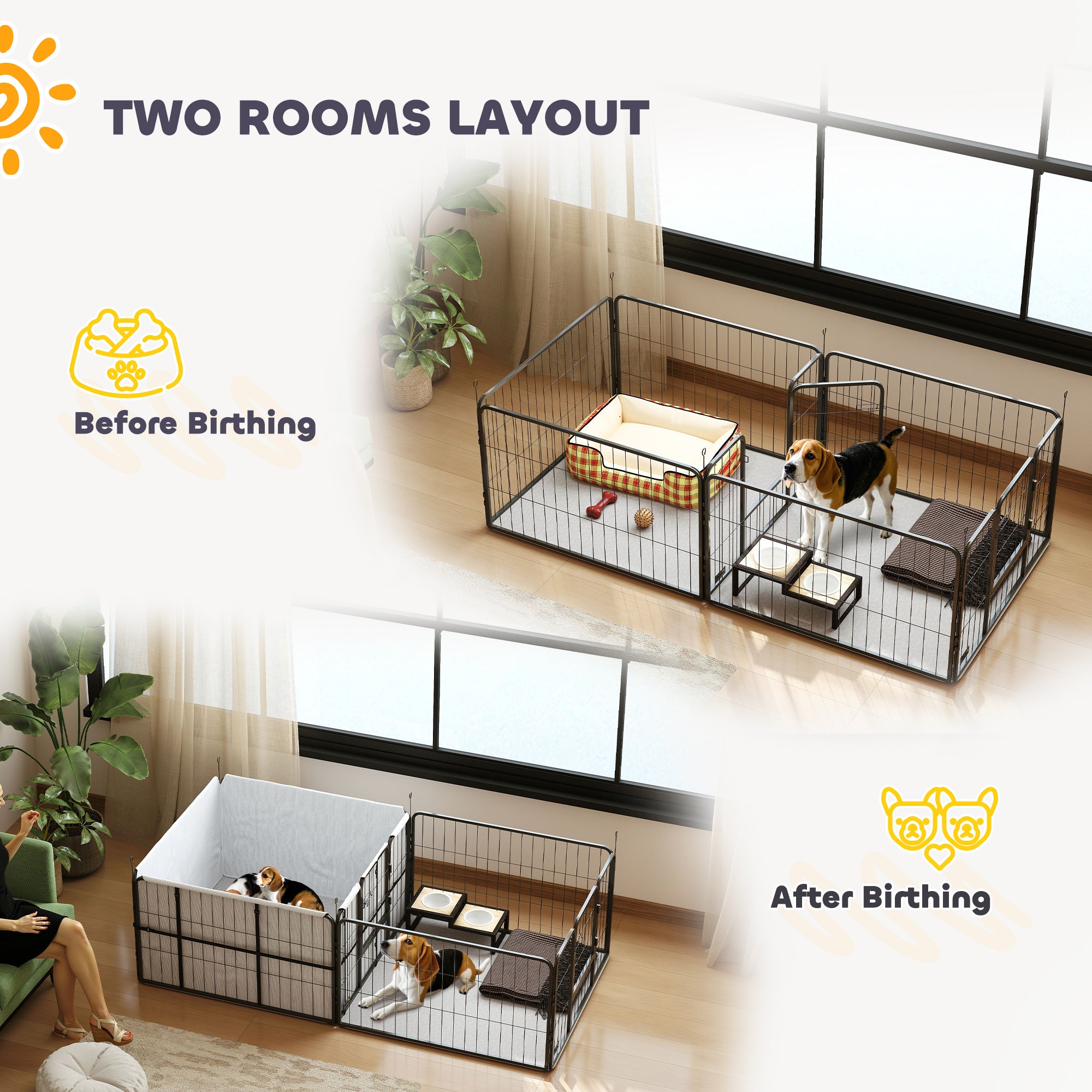 7 Panel Dog Whelping Box, Dog Playpen with Washable Whelping Pads, Windproof Fabric, for Small and Medium Dogs